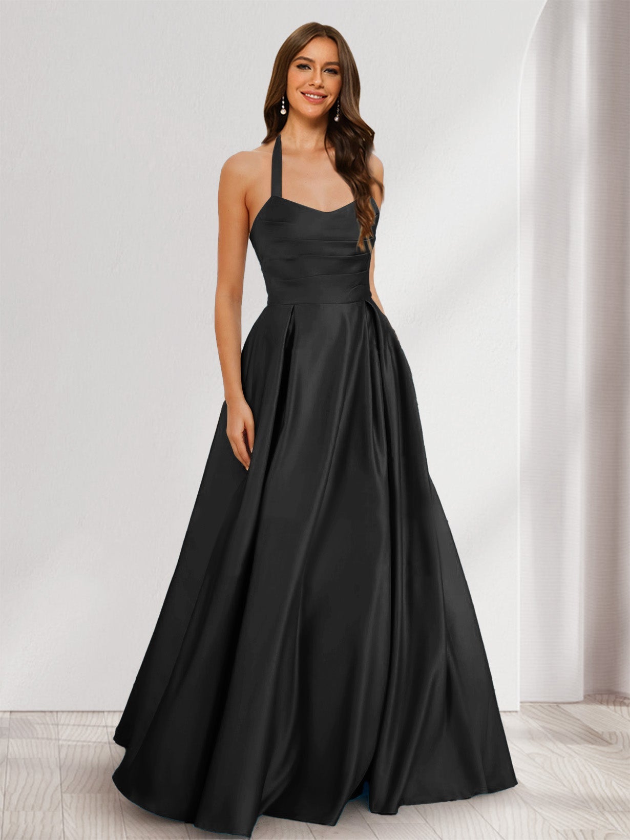 A-Line/Princess Halter Sleeveless Ruched Bridesmaid Dresses Black