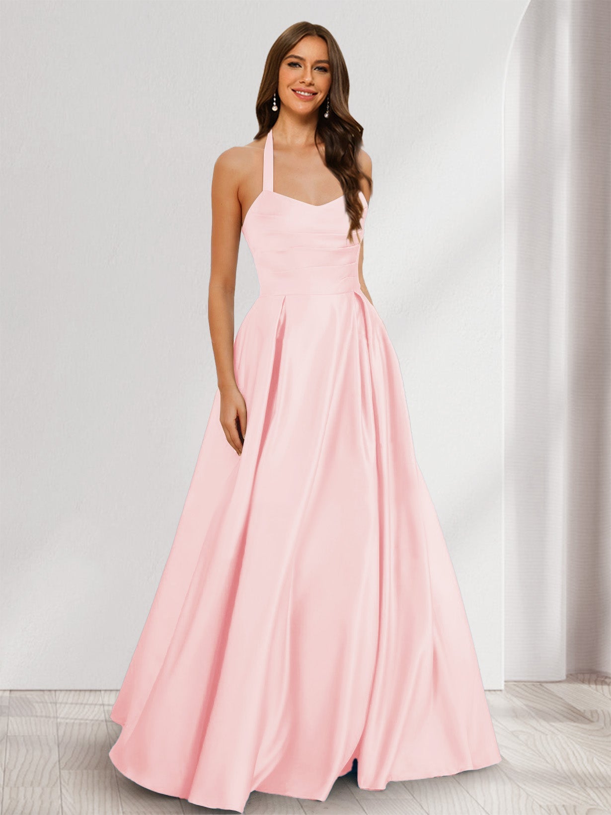 A-Line/Princess Halter Sleeveless Ruched Bridesmaid Dresses Blush Pink