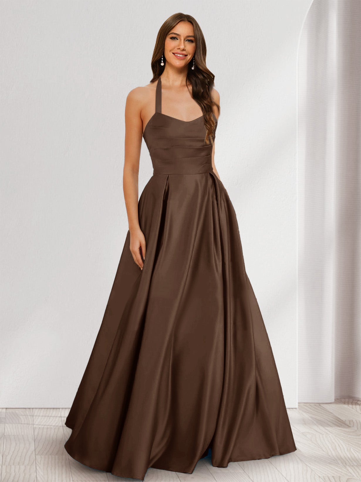 A-Line/Princess Halter Sleeveless Ruched Bridesmaid Dresses Brown