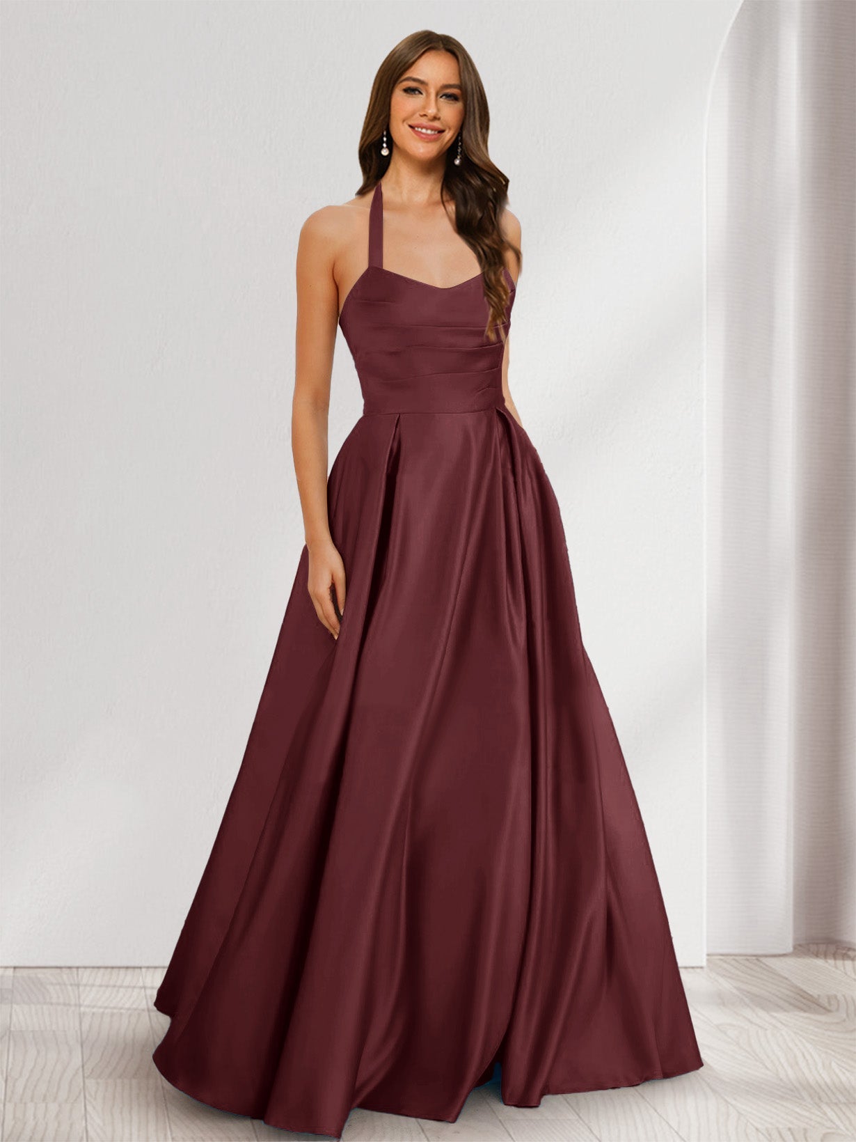 A-Line/Princess Halter Sleeveless Ruched Bridesmaid Dresses Burgundy