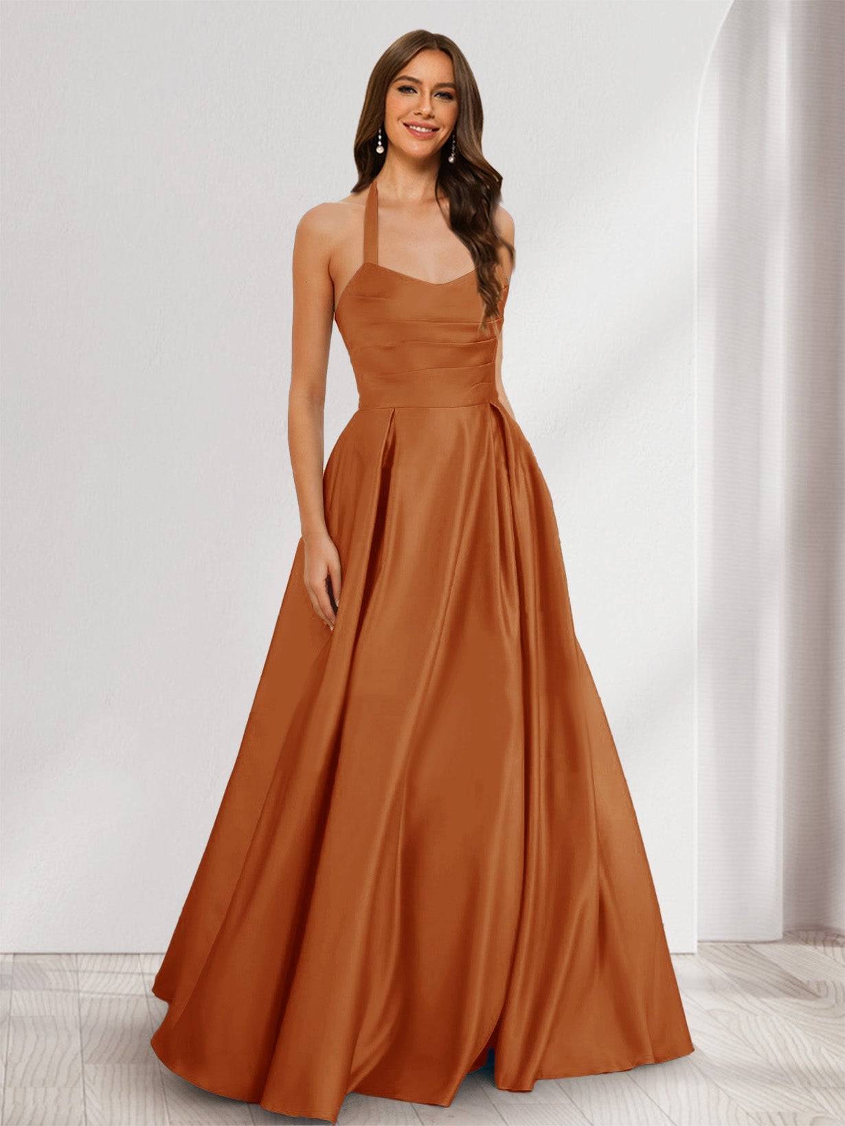 A-Line/Princess Halter Sleeveless Ruched Bridesmaid Dresses Burnt Orange