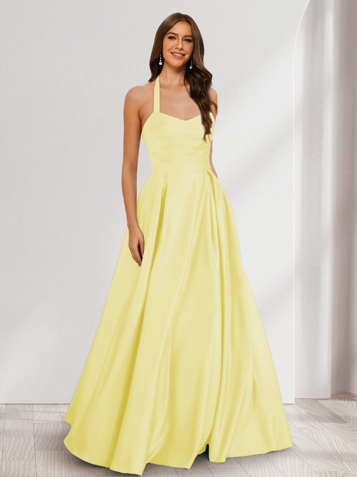 A-Line/Princess Halter Sleeveless Ruched Bridesmaid Dresses Canary