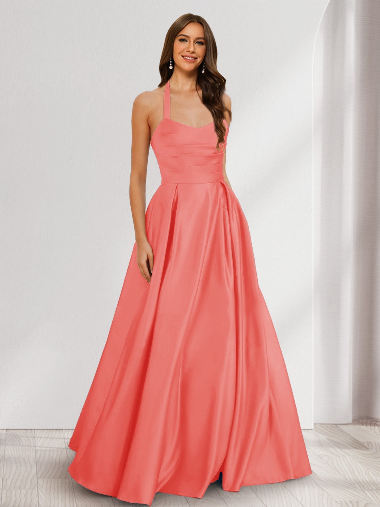 A-Line/Princess Halter Sleeveless Ruched Bridesmaid Dresses Coral