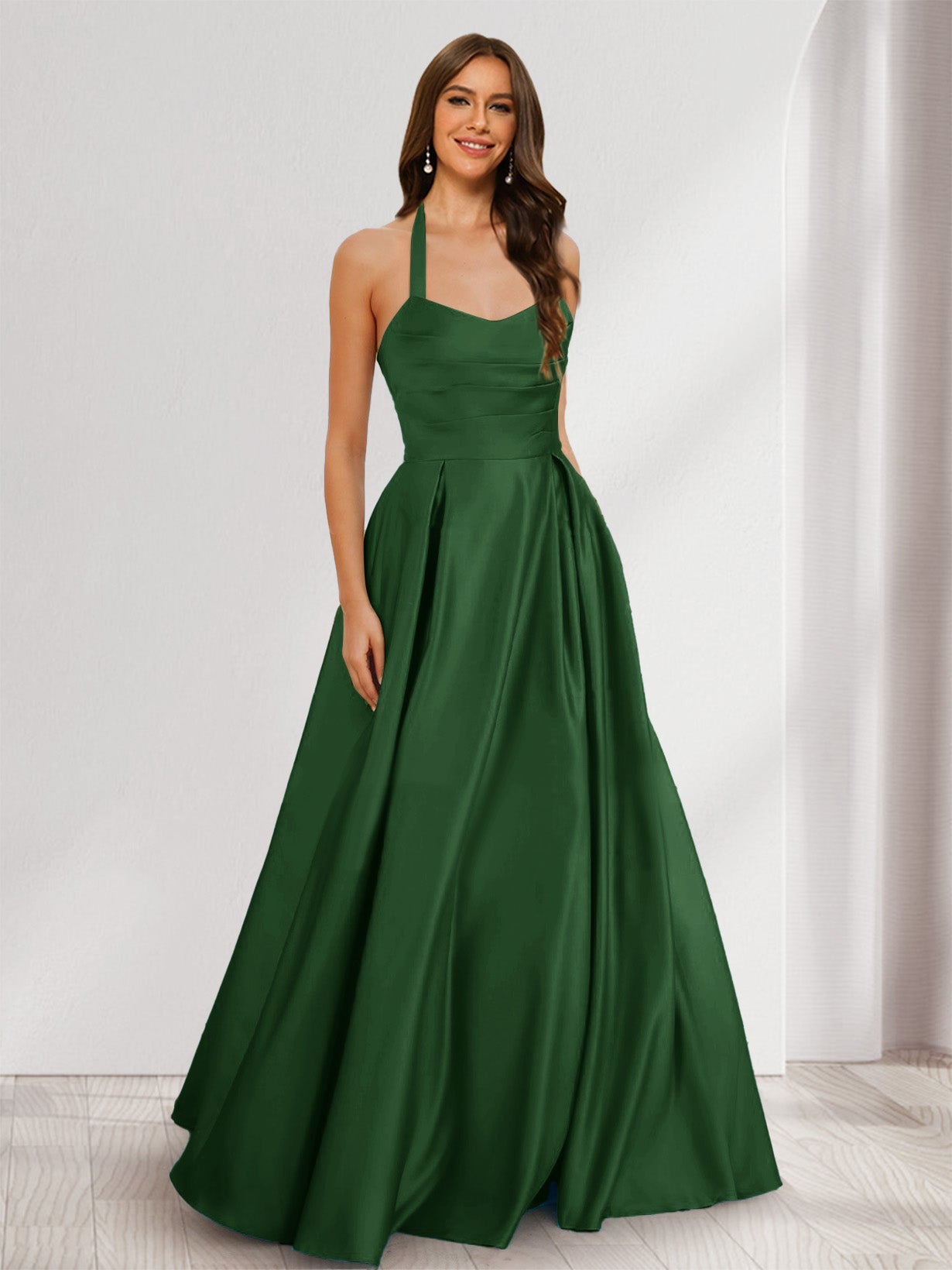 A-Line/Princess Halter Sleeveless Ruched Bridesmaid Dresses Dark Green