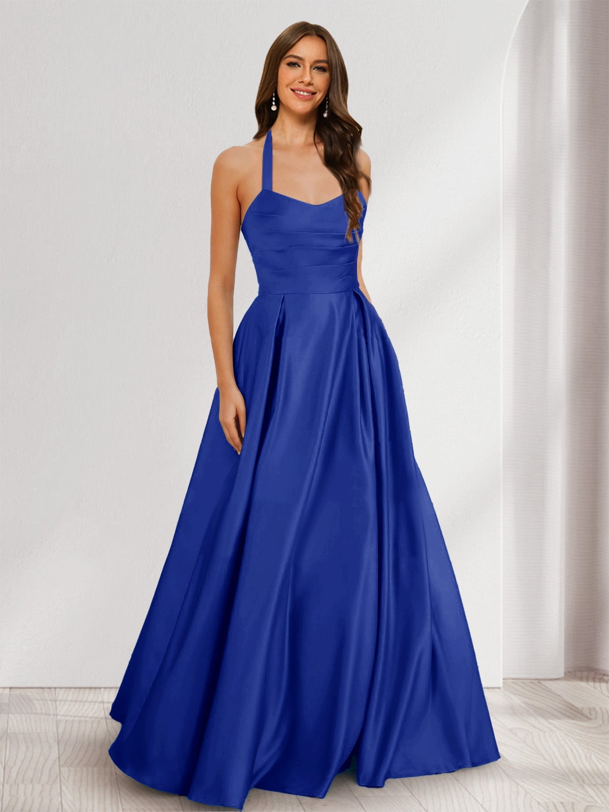 A-Line/Princess Halter Sleeveless Ruched Bridesmaid Dresses Dark Royal Blue