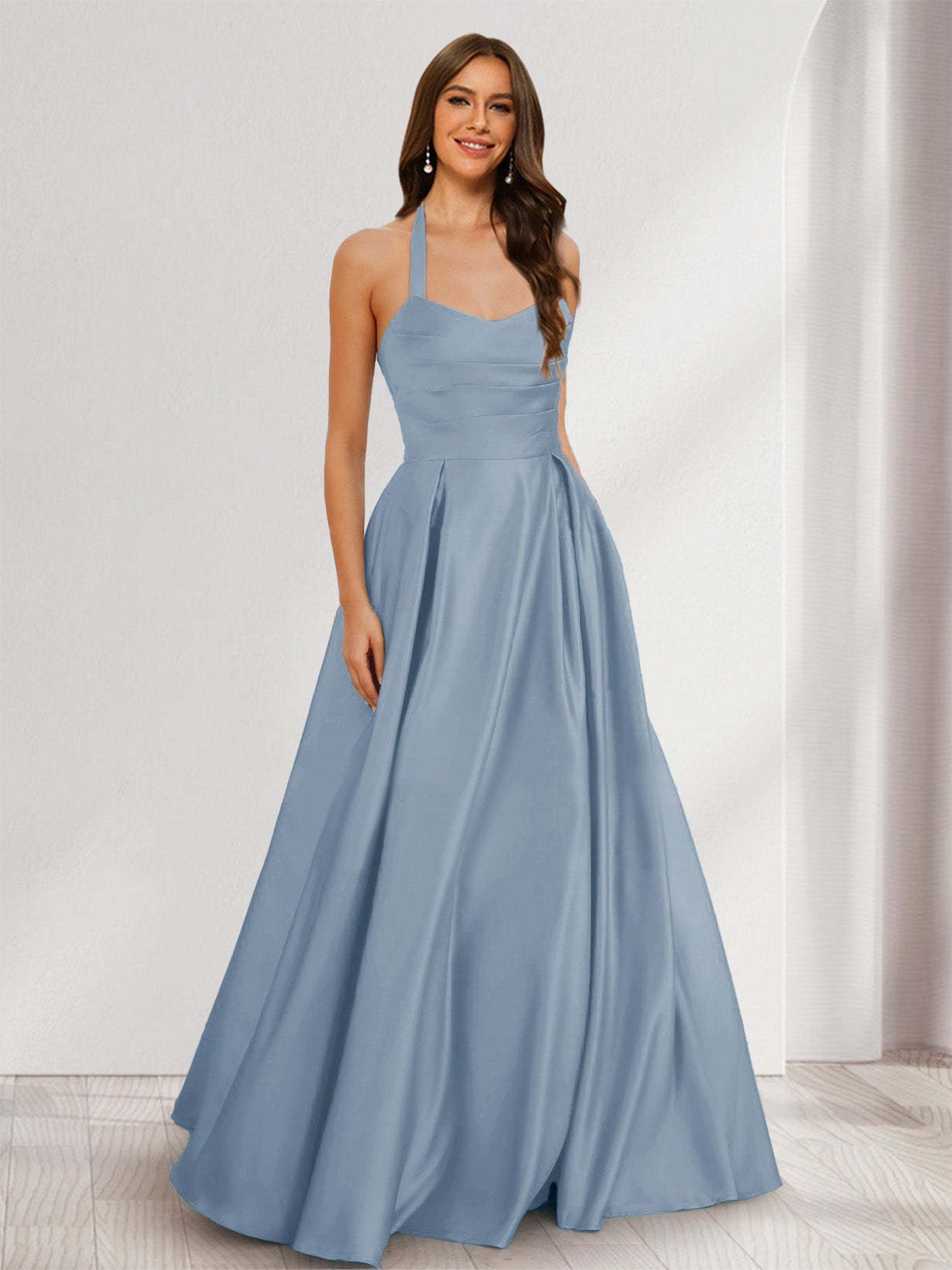 A-Line/Princess Halter Sleeveless Ruched Bridesmaid Dresses Dusty Blue