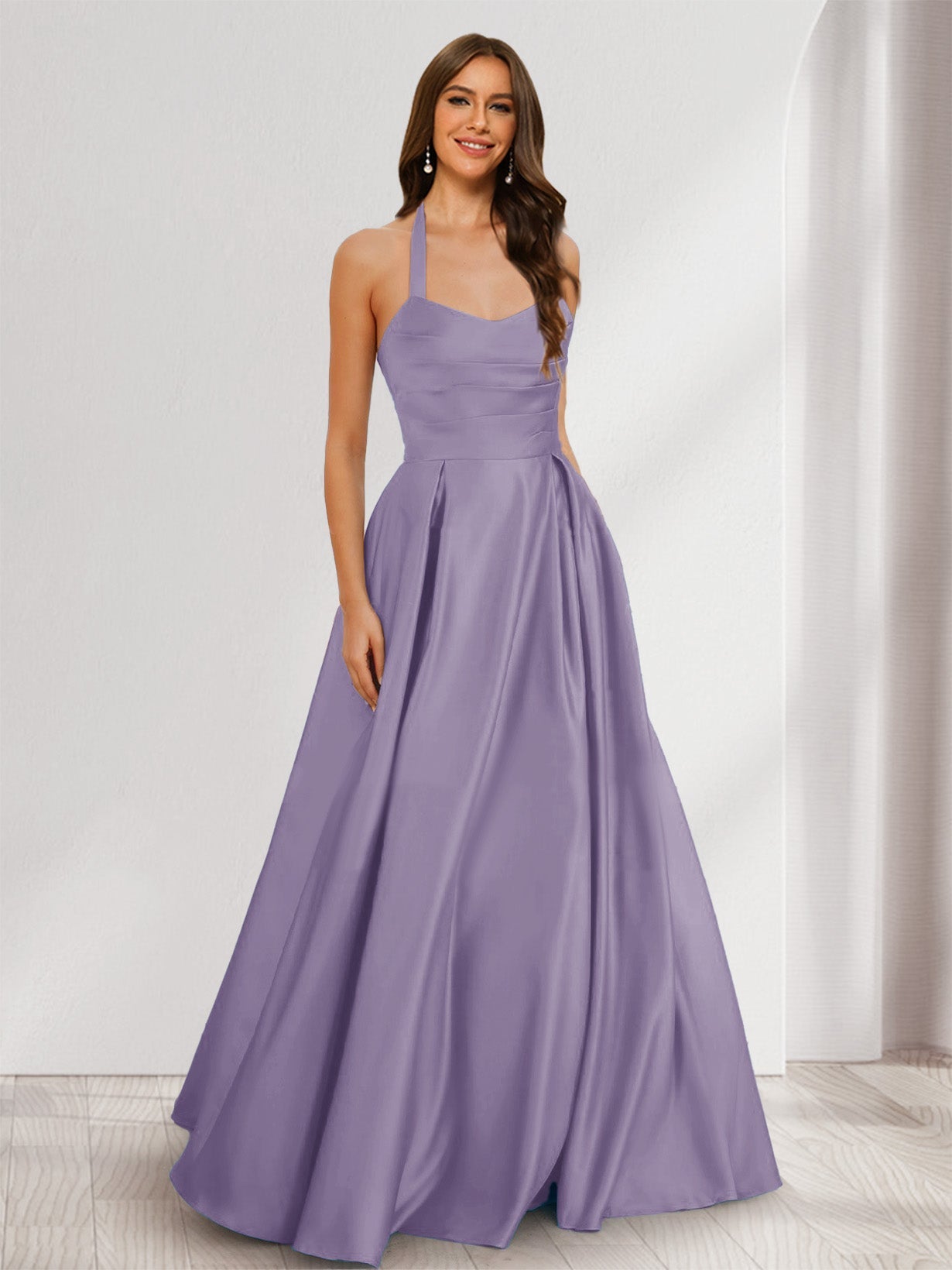 A-Line/Princess Halter Sleeveless Ruched Bridesmaid Dresses Dusty Purple