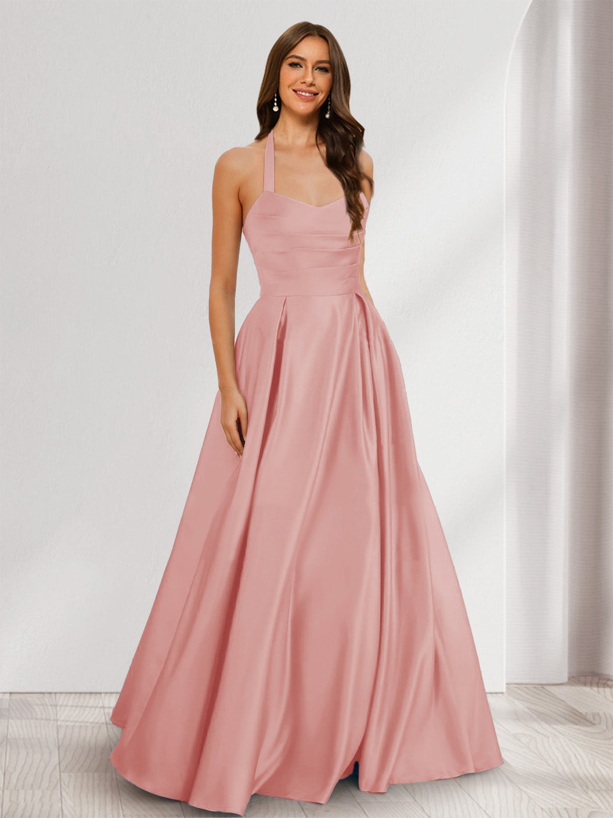 A-Line/Princess Halter Sleeveless Ruched Bridesmaid Dresses Dusty Rose