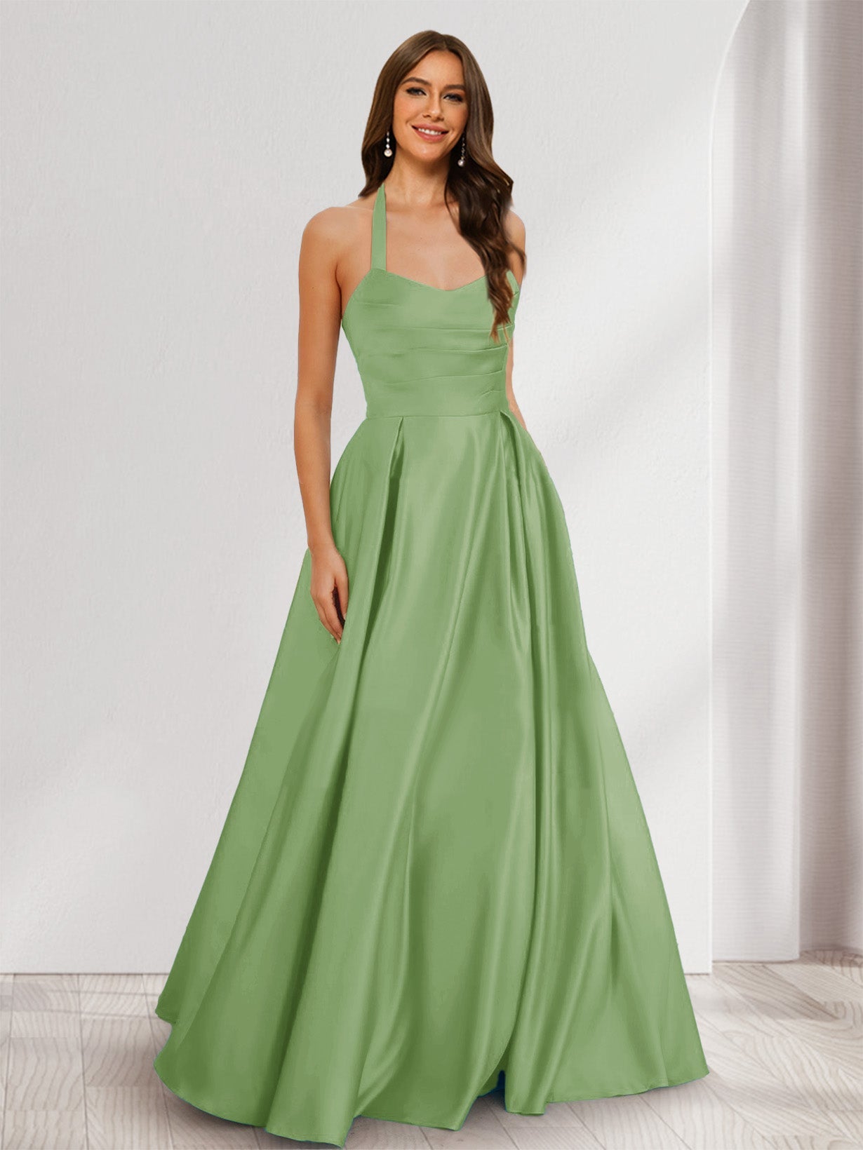 A-Line/Princess Halter Sleeveless Ruched Bridesmaid Dresses Dusty Sage