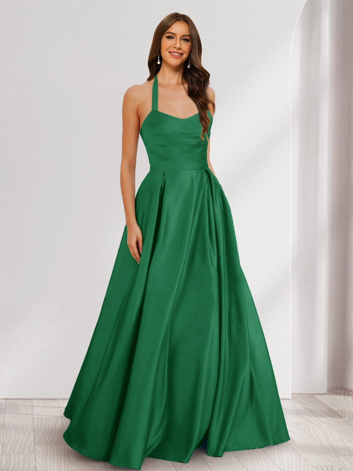 A-Line/Princess Halter Sleeveless Ruched Bridesmaid Dresses Emerald