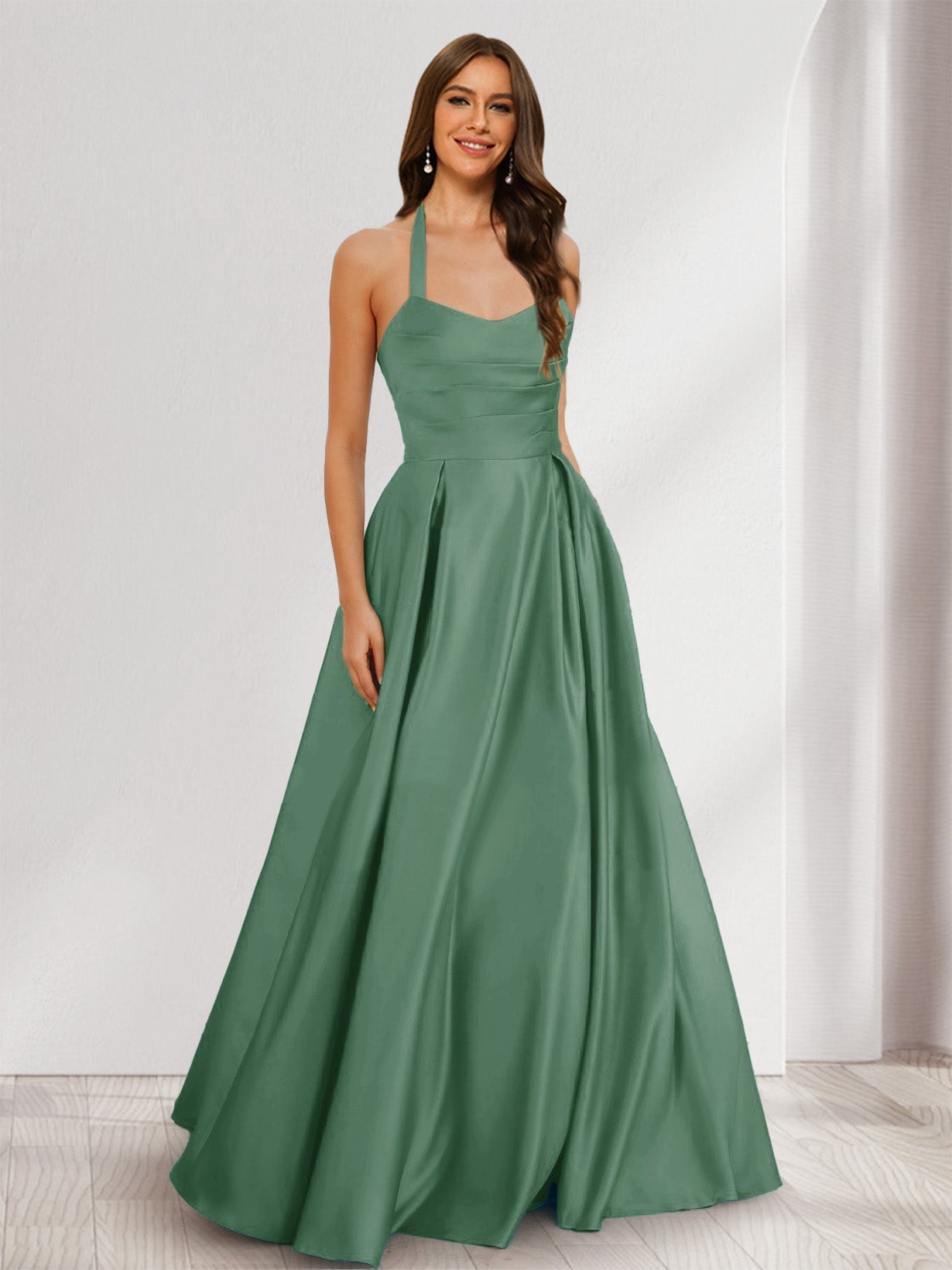 A-Line/Princess Halter Sleeveless Ruched Bridesmaid Dresses Eucalyptus