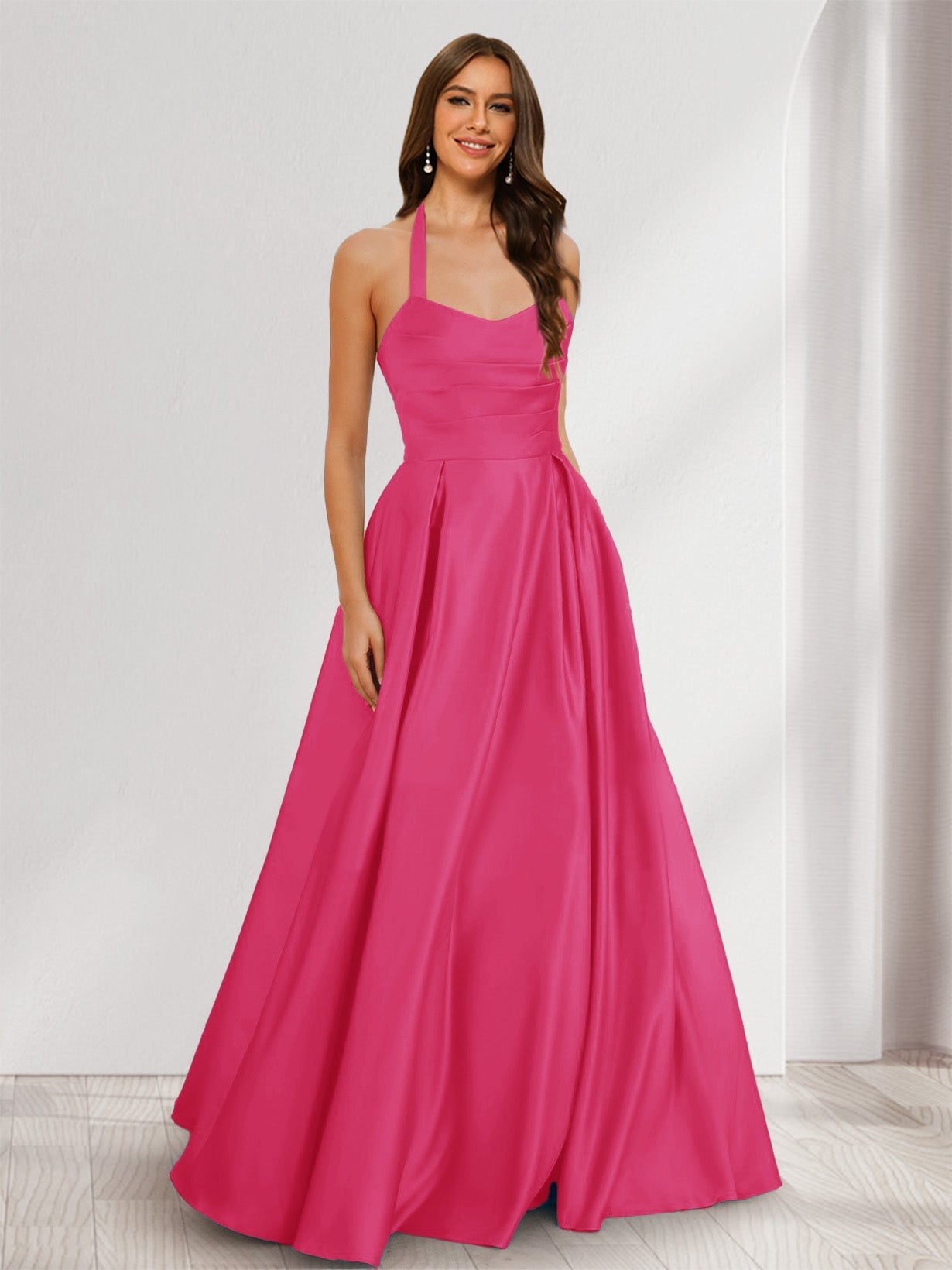 A-Line/Princess Halter Sleeveless Ruched Bridesmaid Dresses Fuchsia