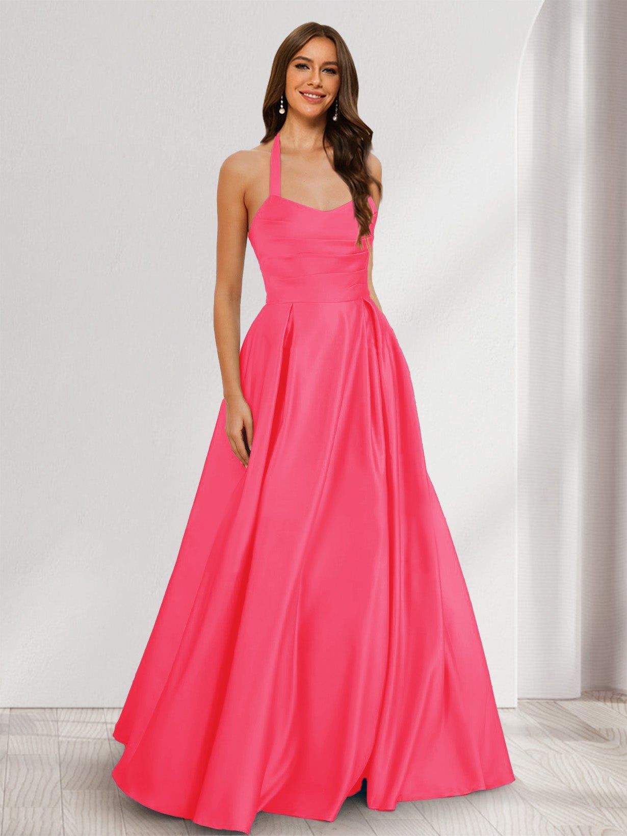 A-Line/Princess Halter Sleeveless Ruched Bridesmaid Dresses Fuchsia Pink