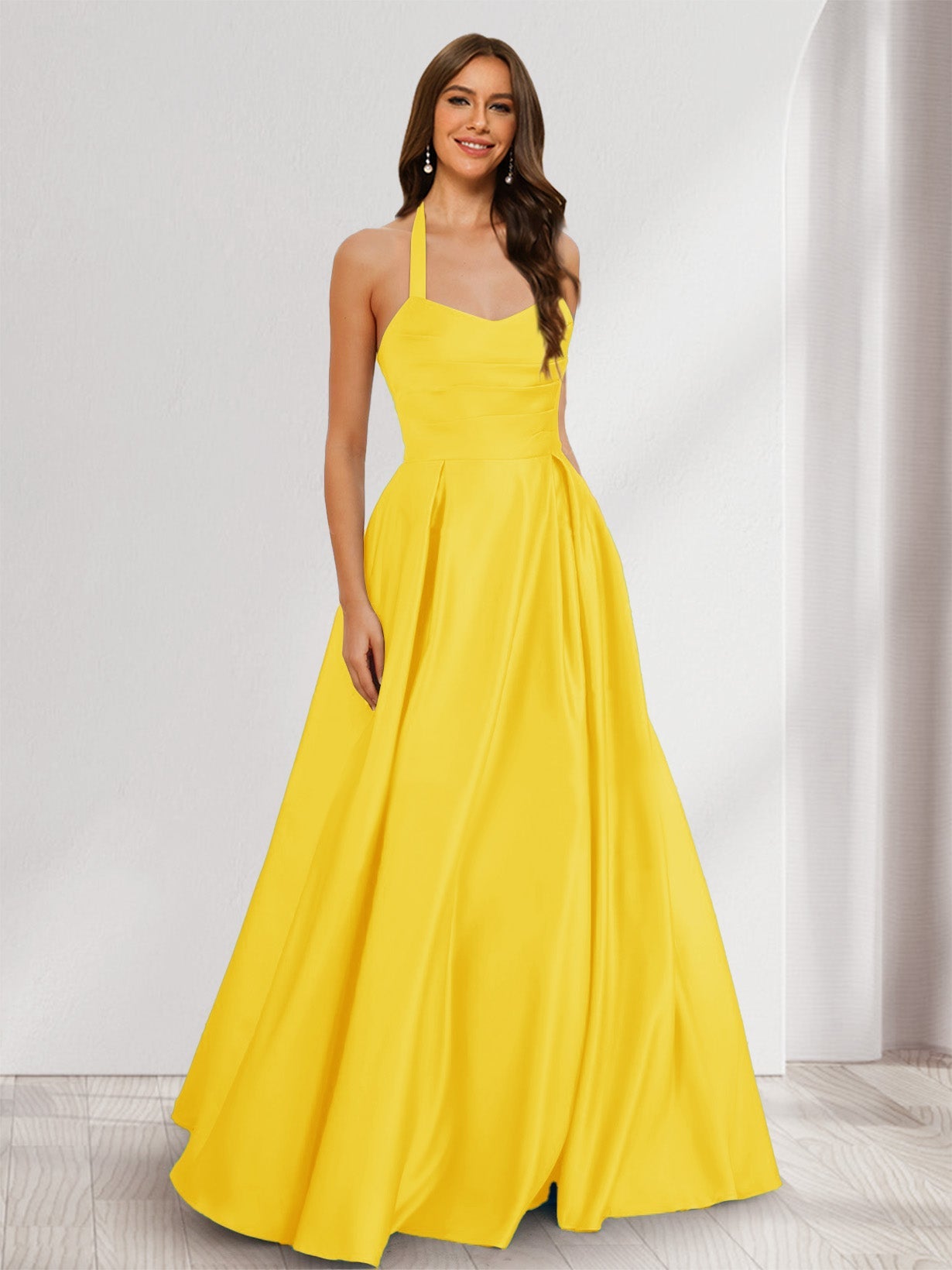 A-Line/Princess Halter Sleeveless Ruched Bridesmaid Dresses Gold
