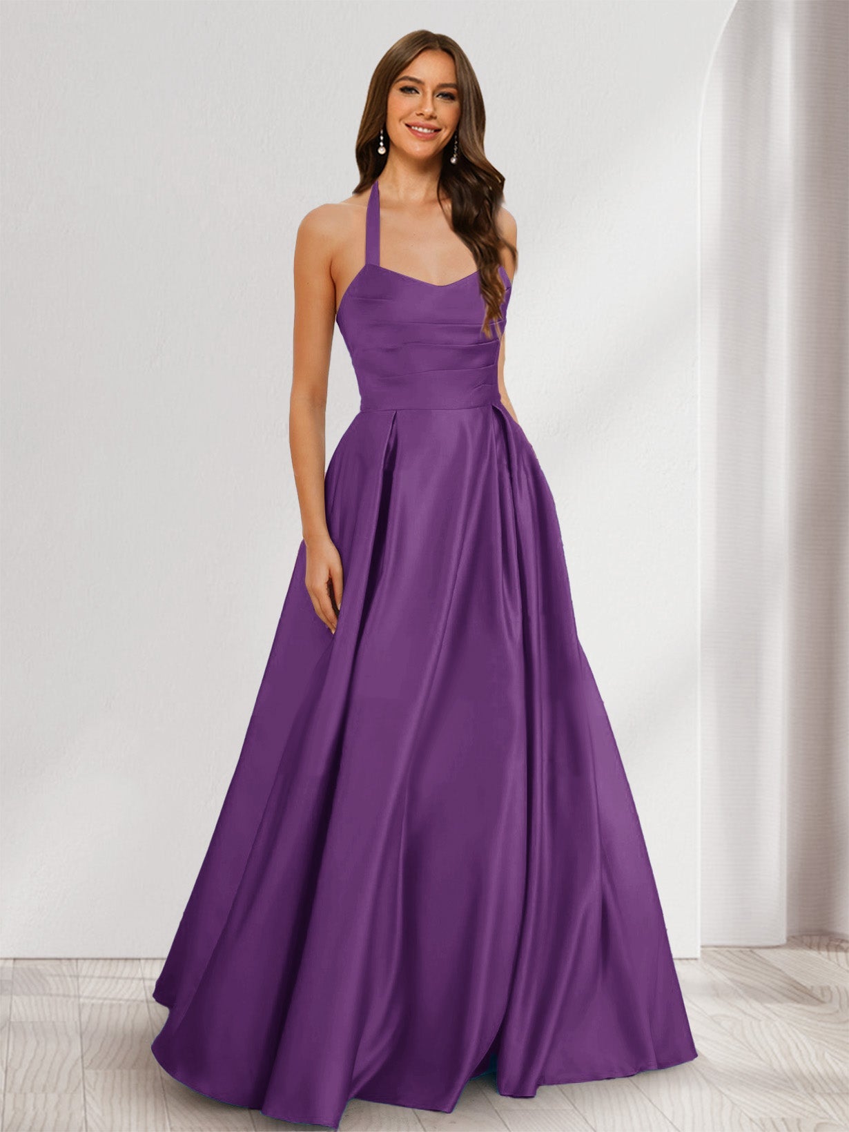 A-Line/Princess Halter Sleeveless Ruched Bridesmaid Dresses Grape