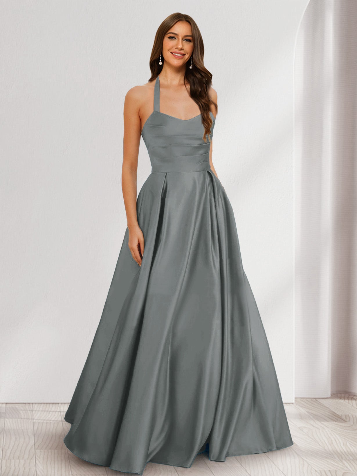 A-Line/Princess Halter Sleeveless Ruched Bridesmaid Dresses Gray