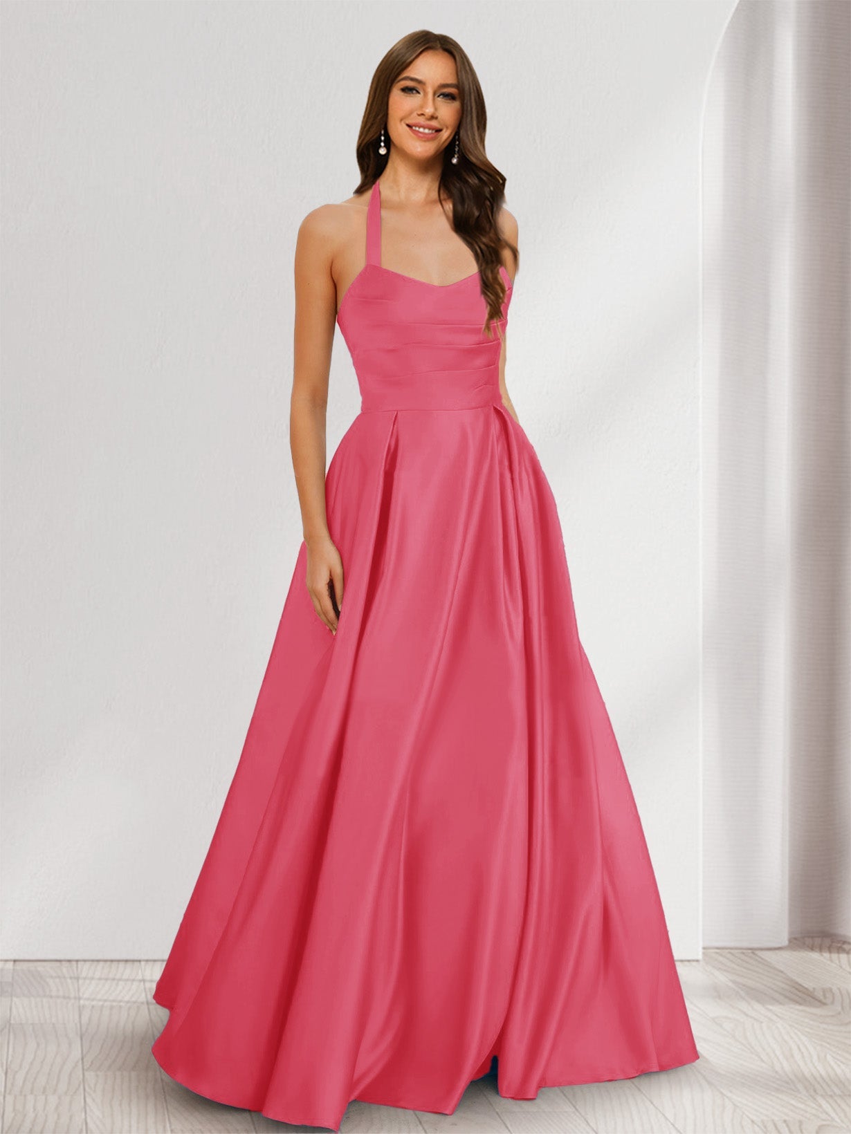 A-Line/Princess Halter Sleeveless Ruched Bridesmaid Dresses Hot Pink