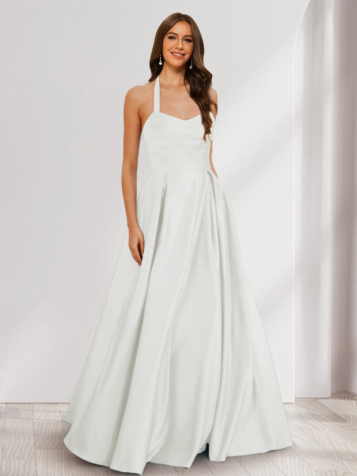 A-Line/Princess Halter Sleeveless Ruched Bridesmaid Dresses Ivory
