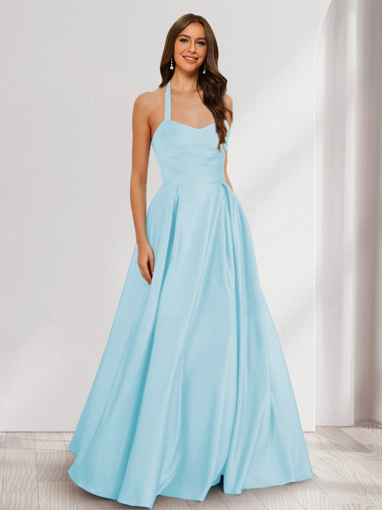 A-Line/Princess Halter Sleeveless Ruched Bridesmaid Dresses Light Blue