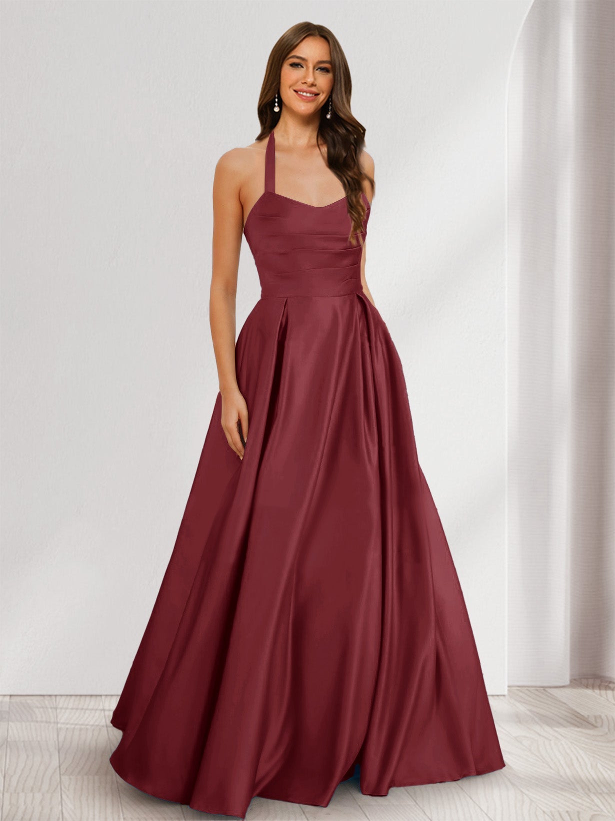 A-Line/Princess Halter Sleeveless Ruched Bridesmaid Dresses Light Burgundy