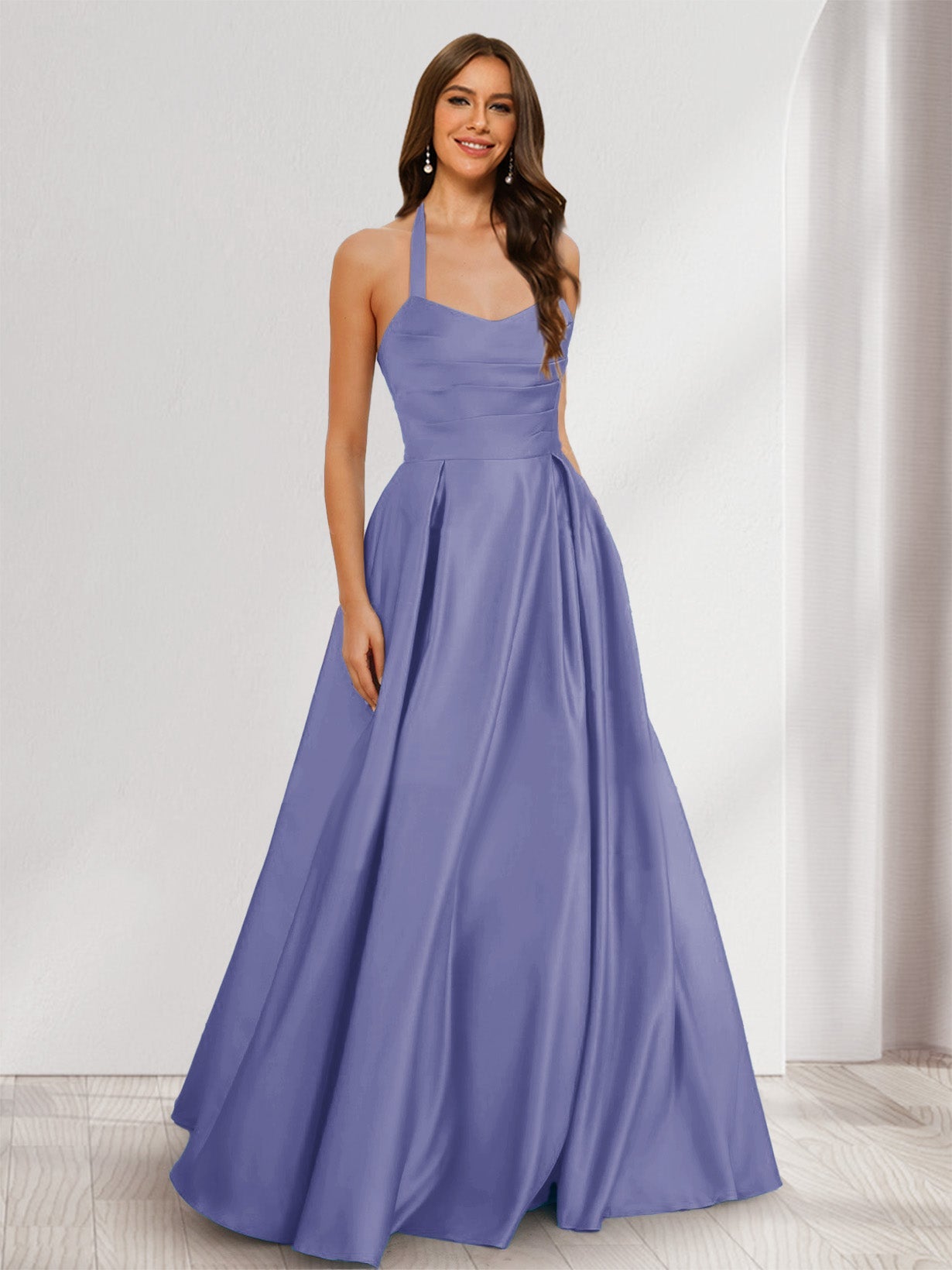 A-Line/Princess Halter Sleeveless Ruched Bridesmaid Dresses Light Purple