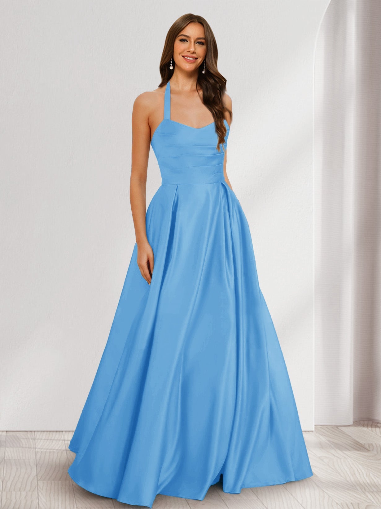 A-Line/Princess Halter Sleeveless Ruched Bridesmaid Dresses Light Royal Blue