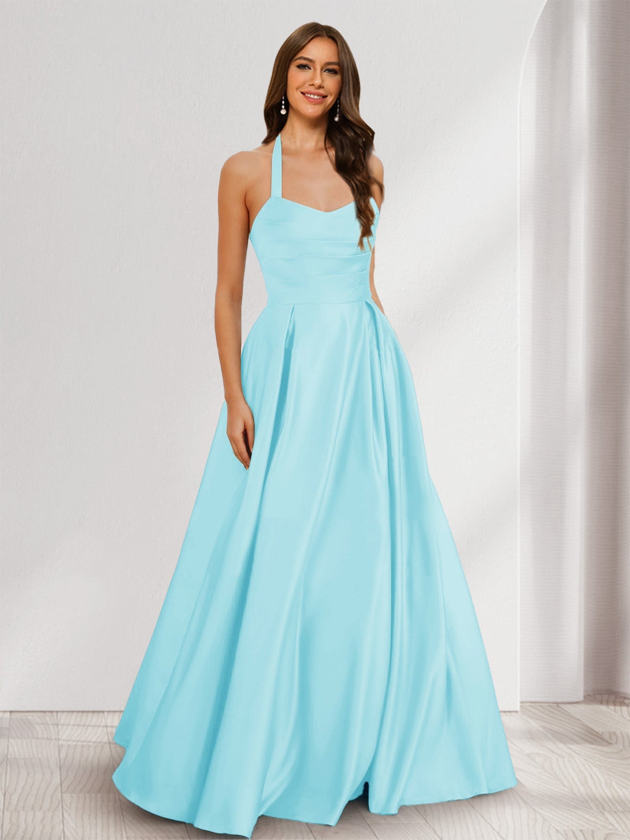 A-Line/Princess Halter Sleeveless Ruched Bridesmaid Dresses Light Sky Blue