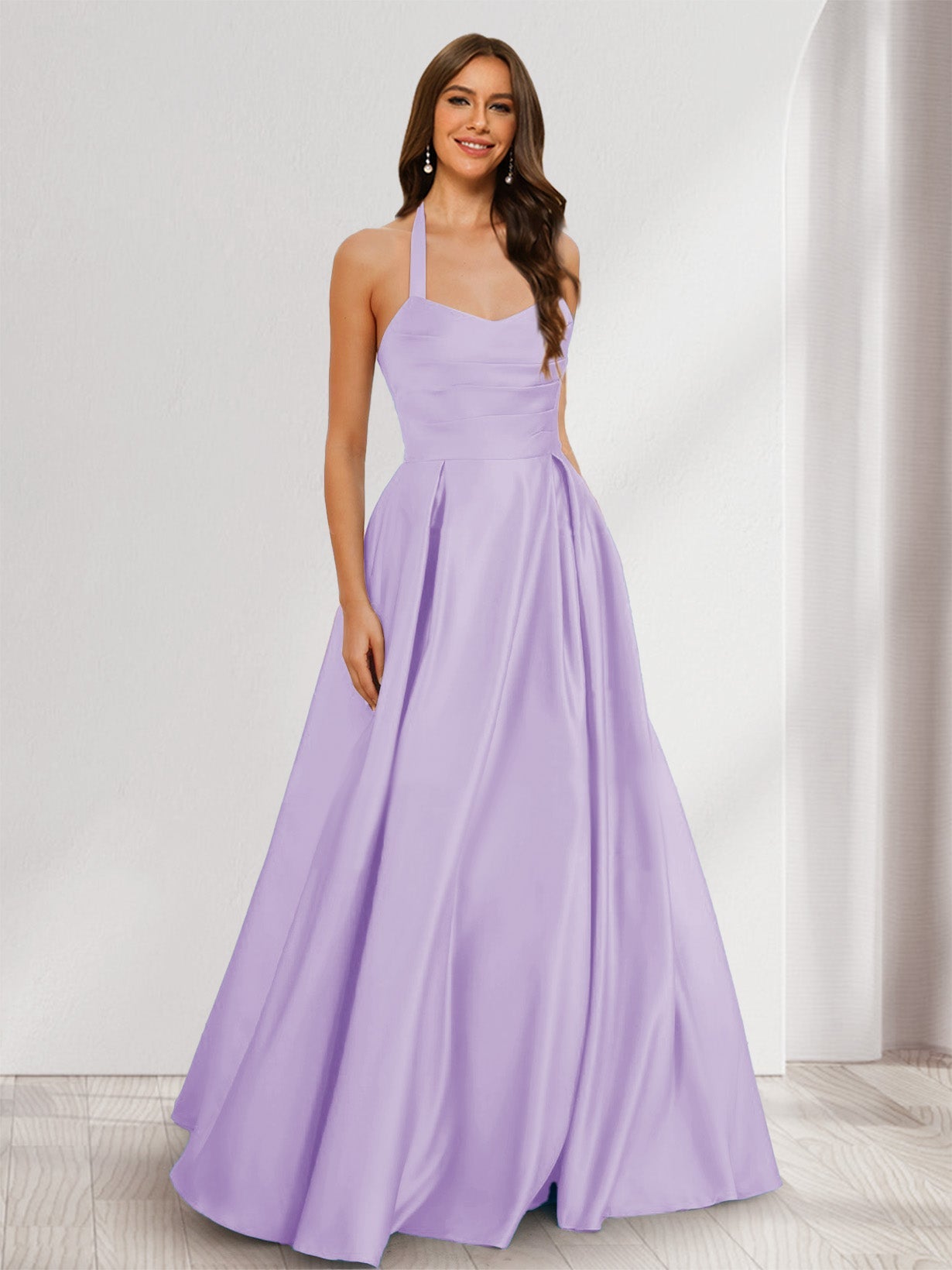 A-Line/Princess Halter Sleeveless Ruched Bridesmaid Dresses Lilac