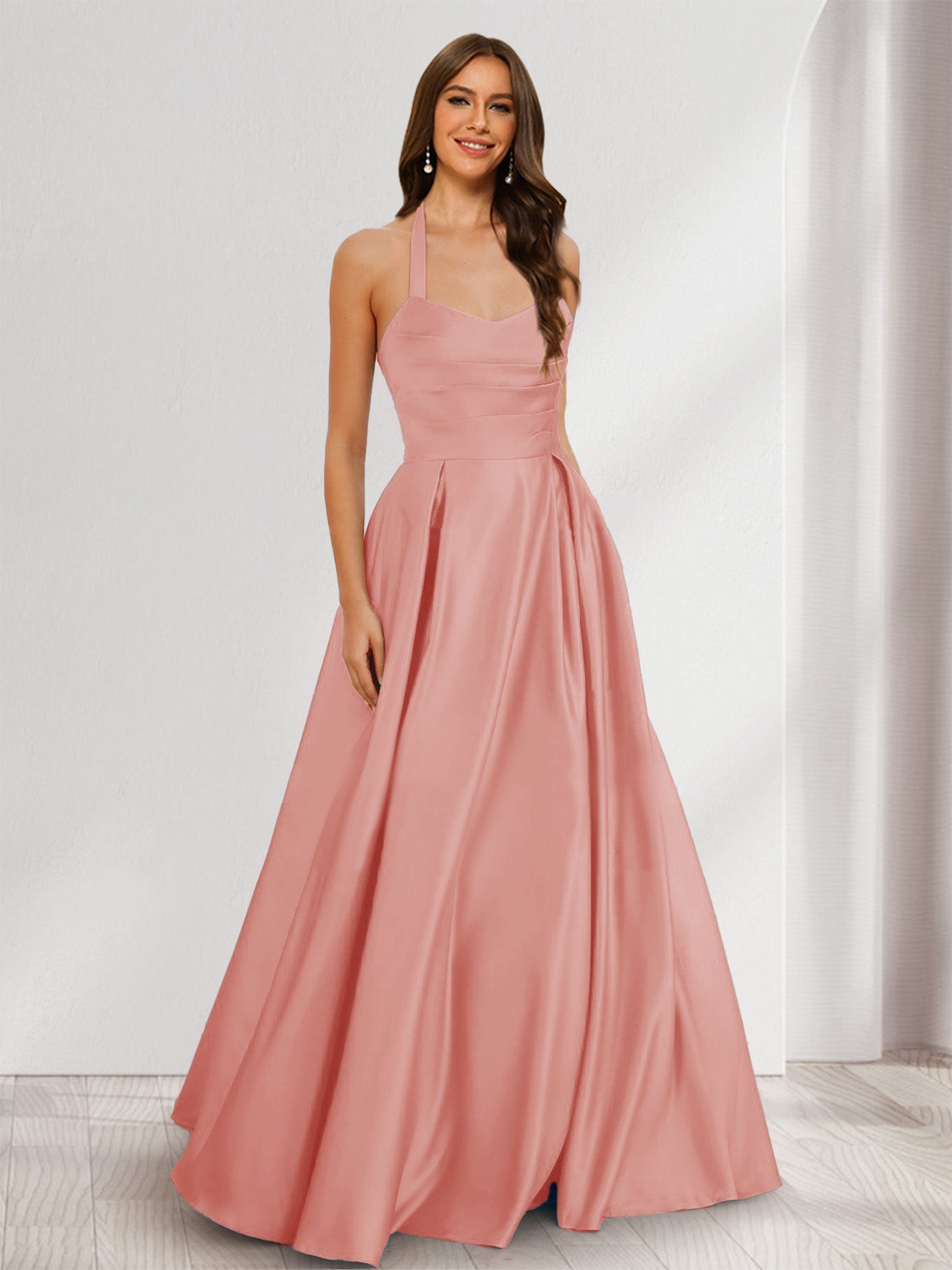 A-Line/Princess Halter Sleeveless Ruched Bridesmaid Dresses Mauve