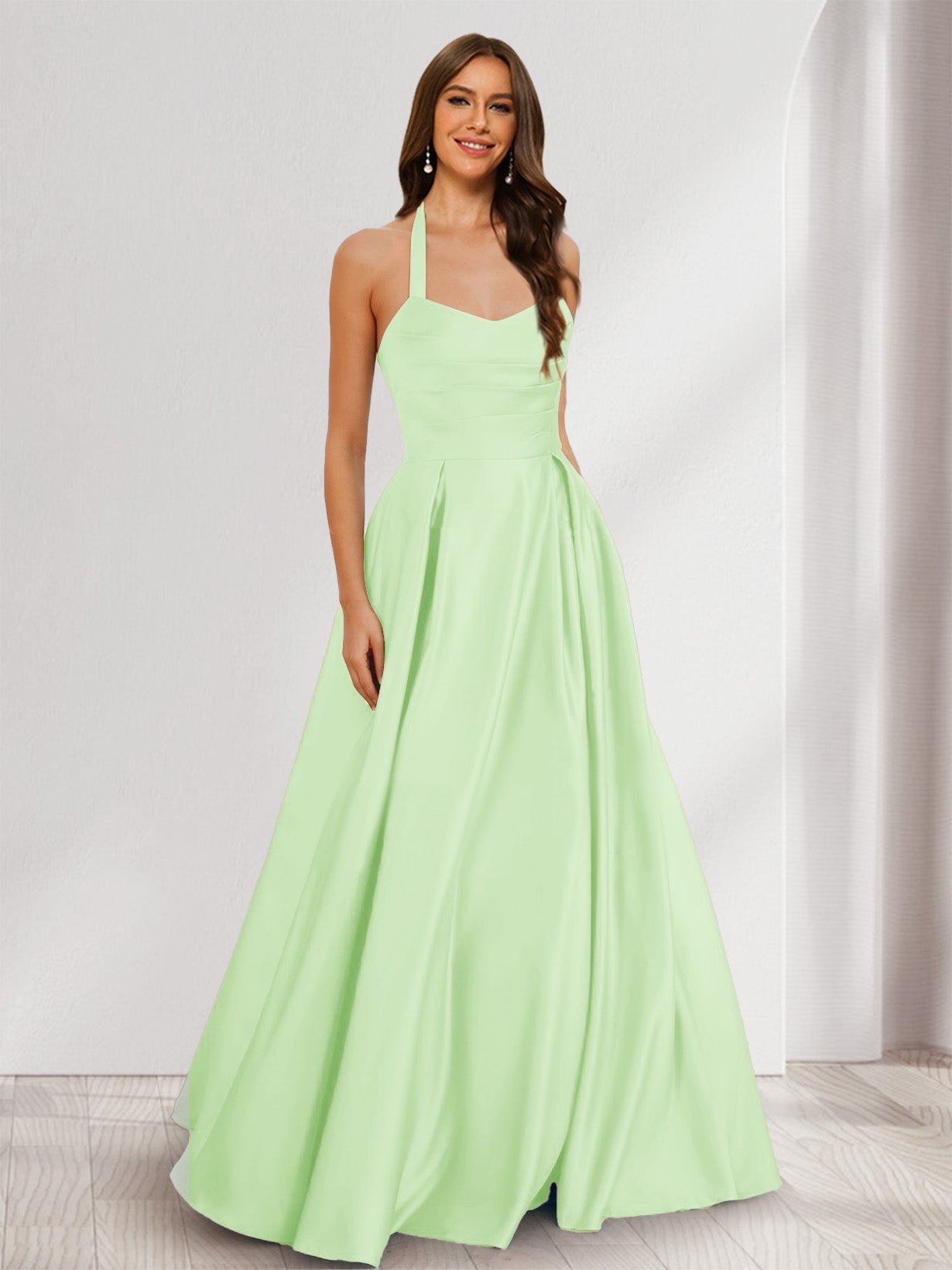 A-Line/Princess Halter Sleeveless Ruched Bridesmaid Dresses Mint Green