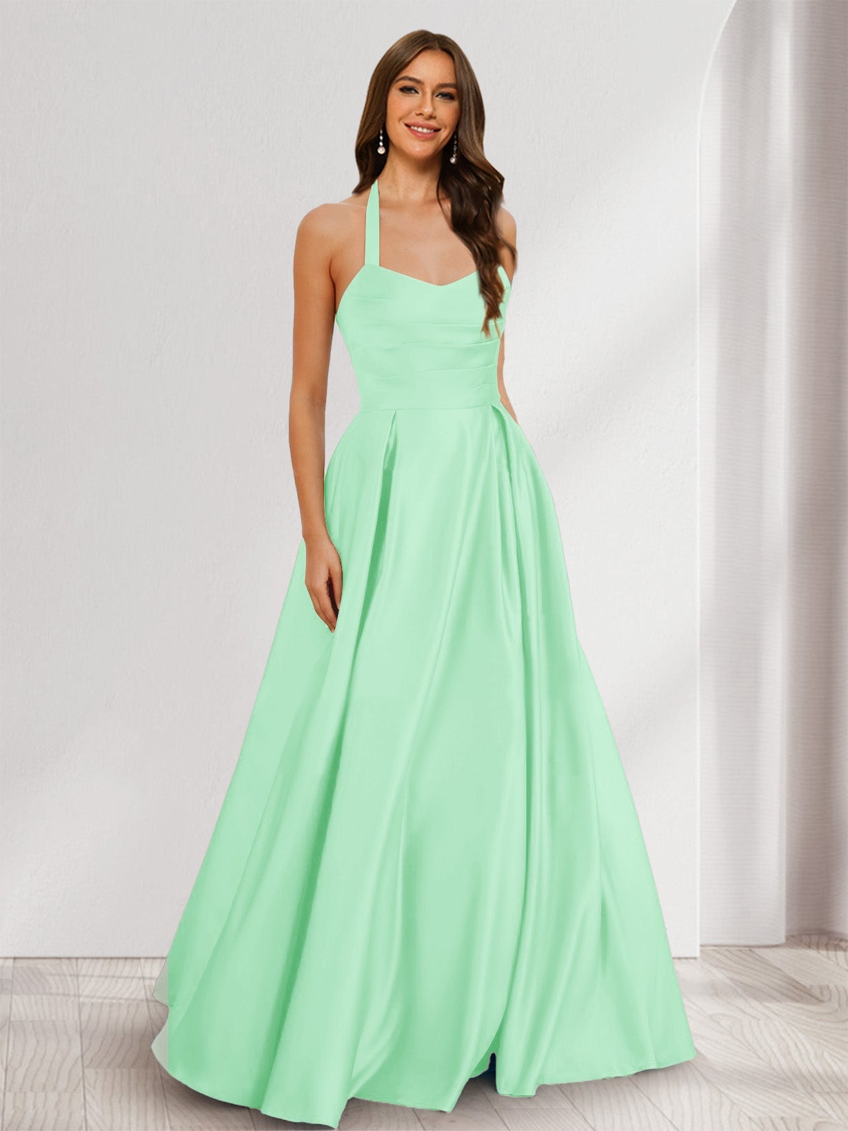 A-Line/Princess Halter Sleeveless Ruched Bridesmaid Dresses Mist Blue