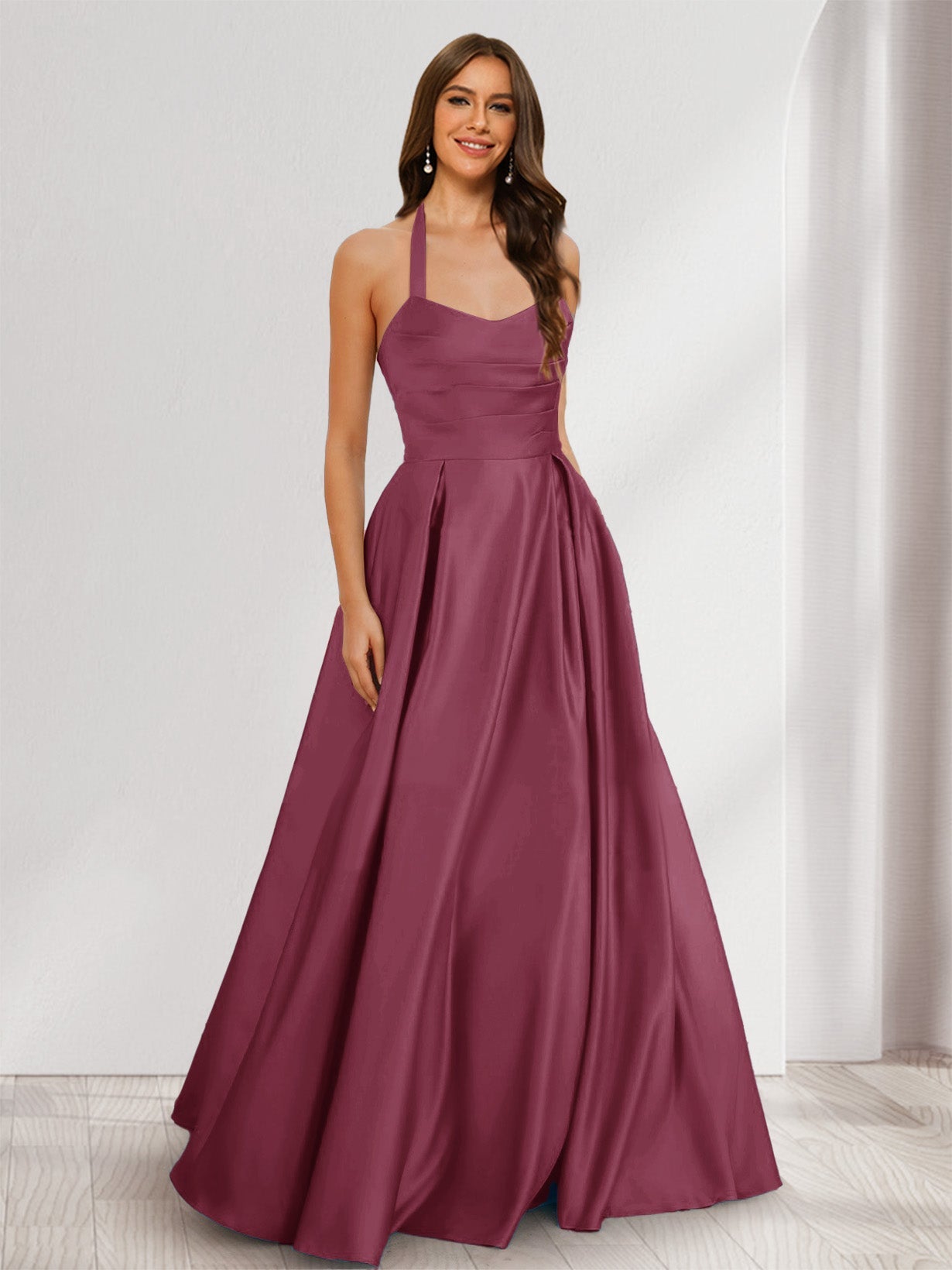 A-Line/Princess Halter Sleeveless Ruched Bridesmaid Dresses Mulberry
