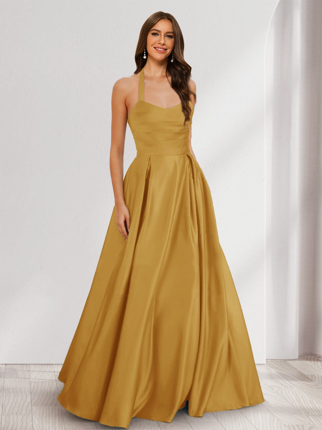 A-Line/Princess Halter Sleeveless Ruched Bridesmaid Dresses Mustard Yellow