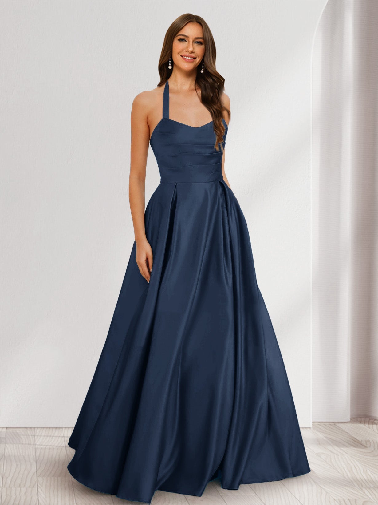 A-Line/Princess Halter Sleeveless Ruched Bridesmaid Dresses Navy Blue