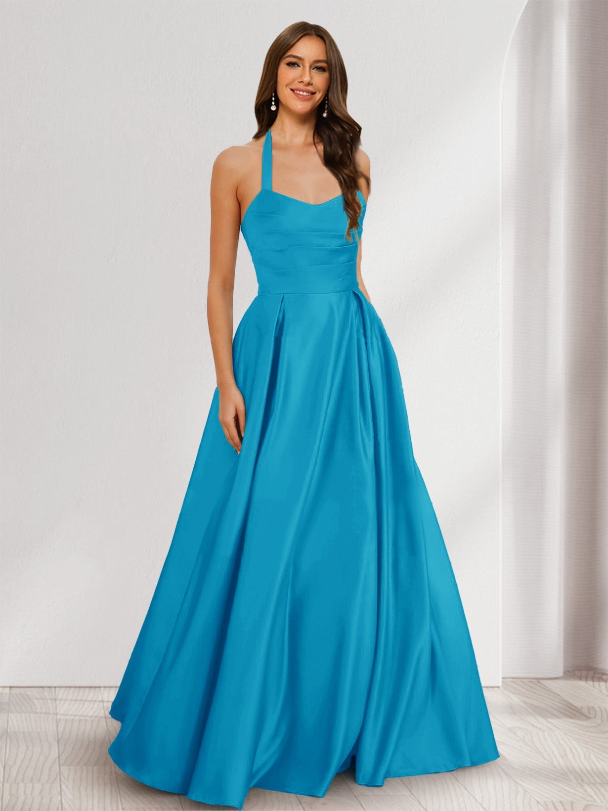 A-Line/Princess Halter Sleeveless Ruched Bridesmaid Dresses Ocean Blue