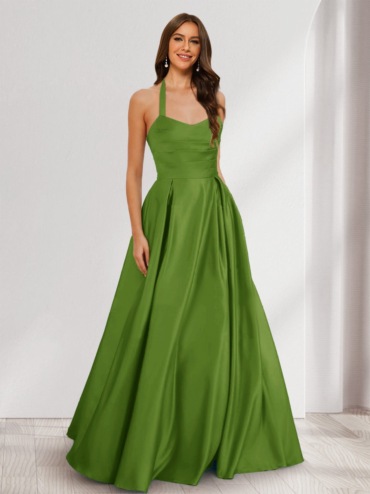 A-Line/Princess Halter Sleeveless Ruched Bridesmaid Dresses Olive Green