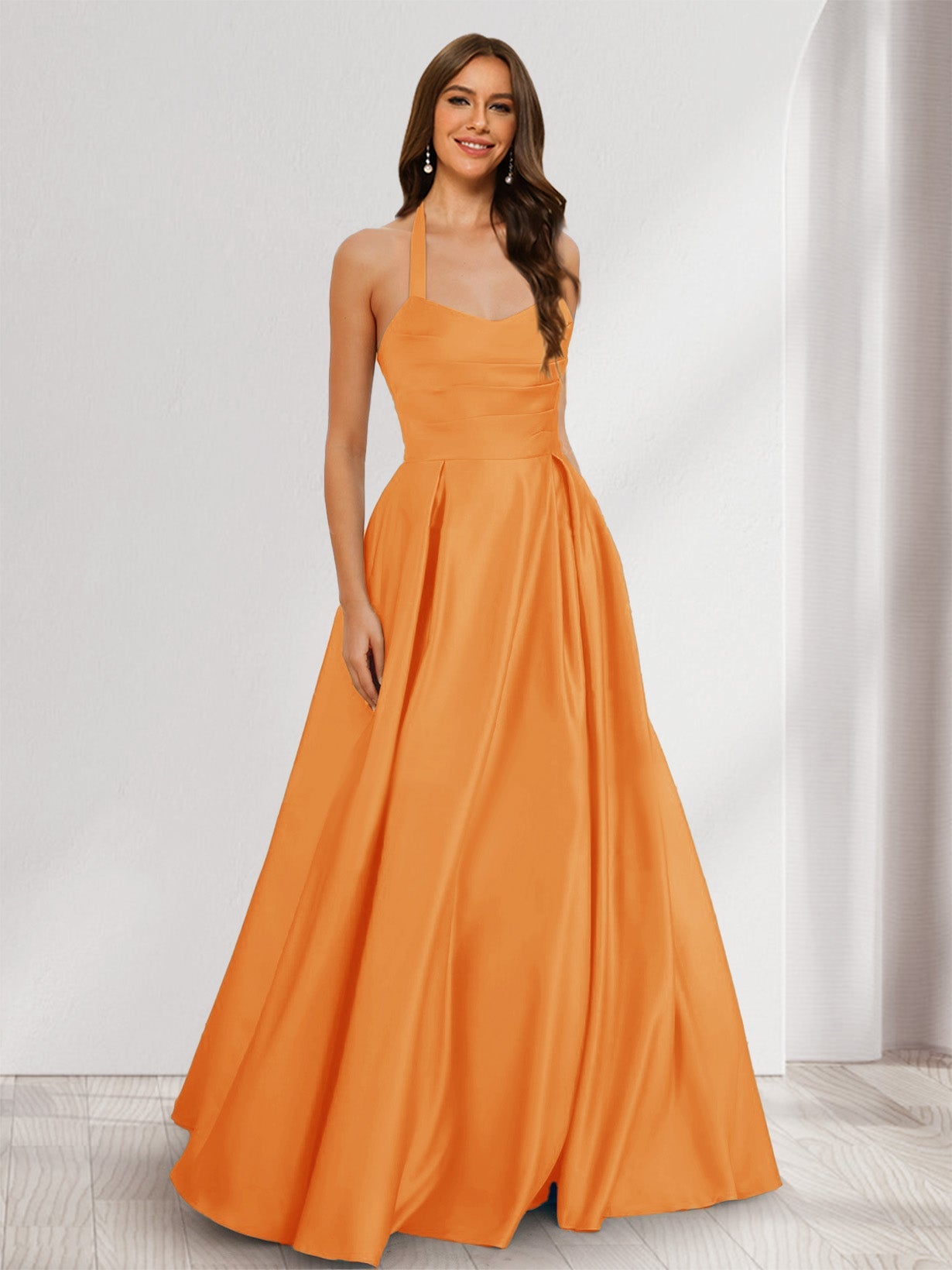 A-Line/Princess Halter Sleeveless Ruched Bridesmaid Dresses Orange