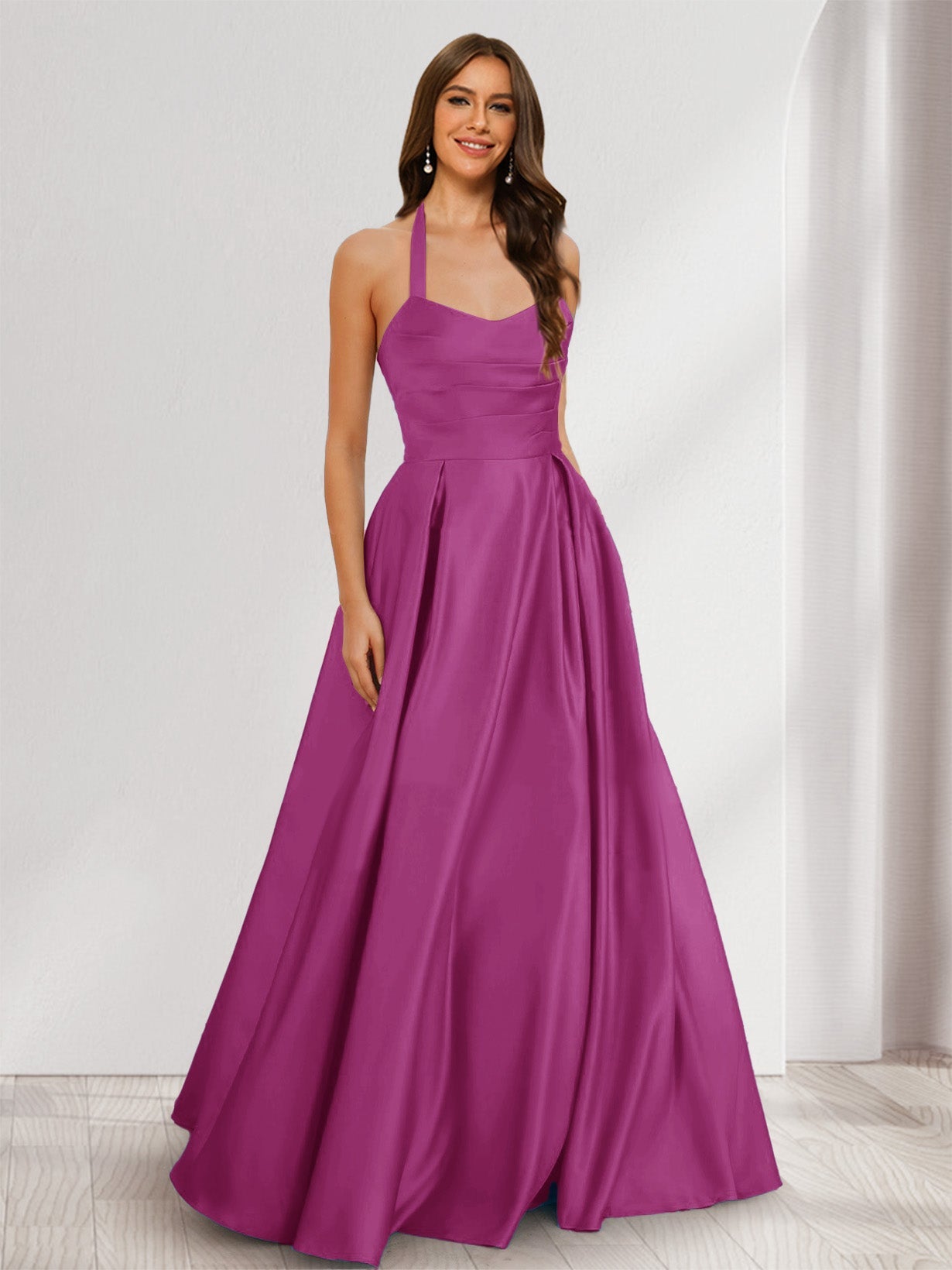 A-Line/Princess Halter Sleeveless Ruched Bridesmaid Dresses Orchid