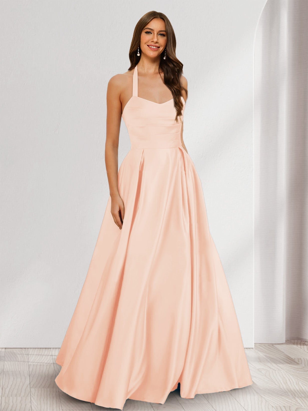 A-Line/Princess Halter Sleeveless Ruched Bridesmaid Dresses Peach Pink