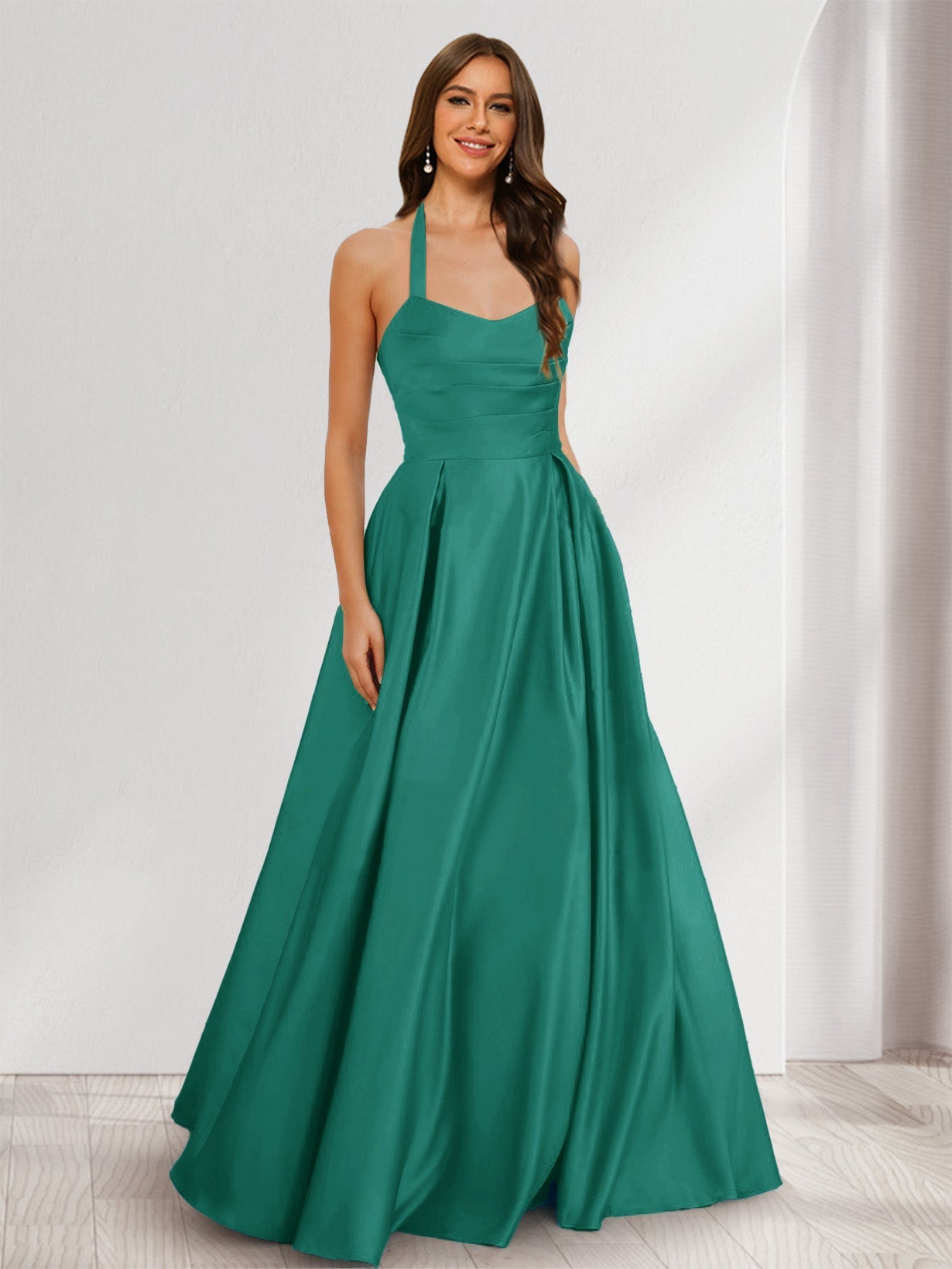 A-Line/Princess Halter Sleeveless Ruched Bridesmaid Dresses Peacock