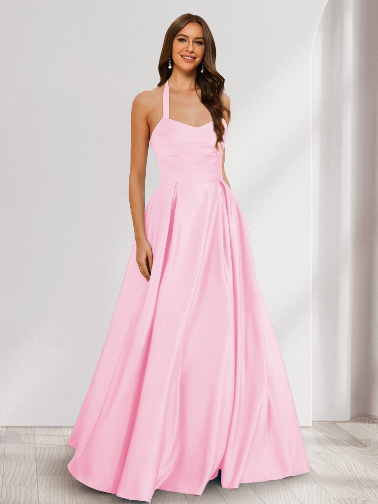 A-Line/Princess Halter Sleeveless Ruched Bridesmaid Dresses Pink