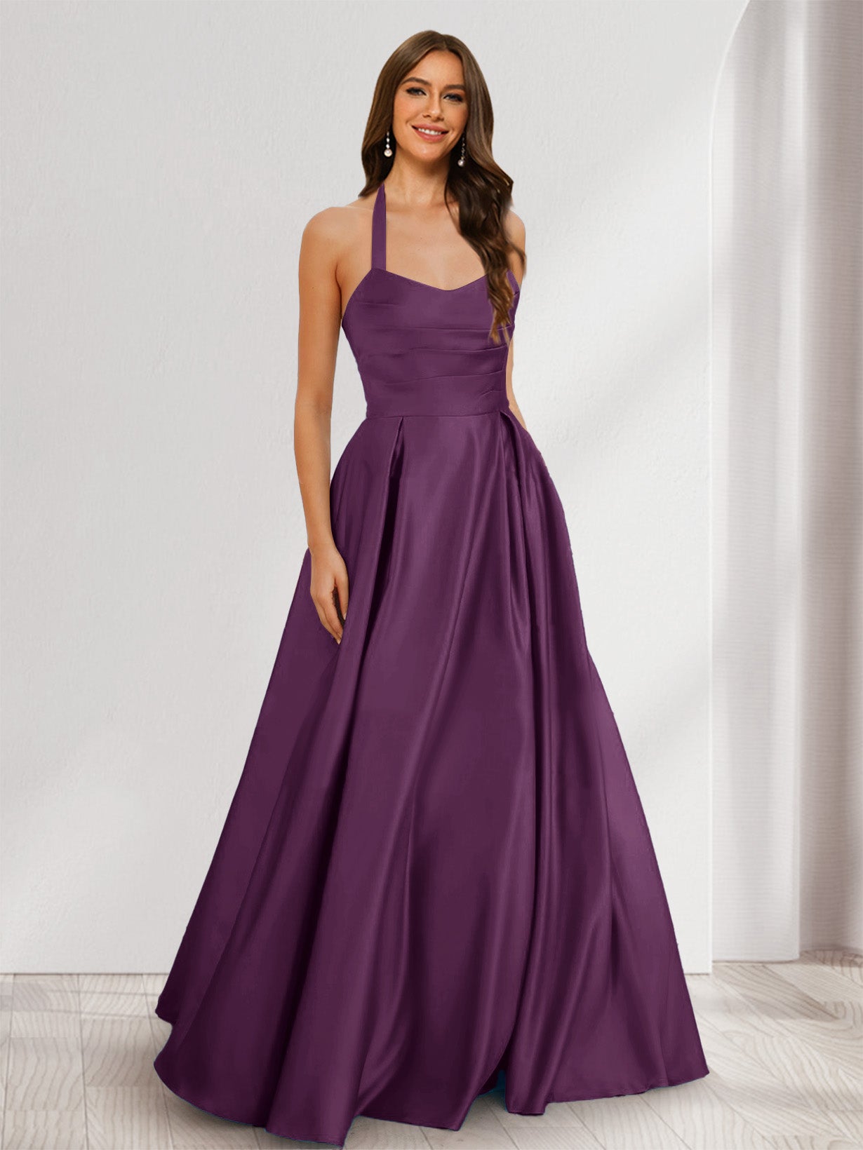 A-Line/Princess Halter Sleeveless Ruched Bridesmaid Dresses Plum