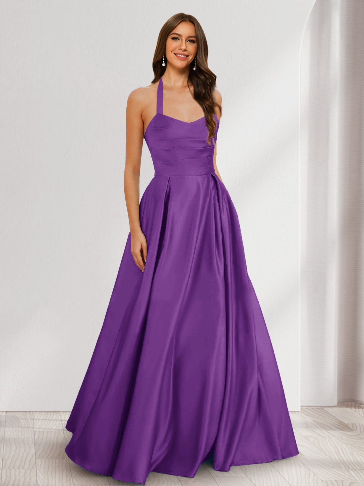 A-Line/Princess Halter Sleeveless Ruched Bridesmaid Dresses Purple