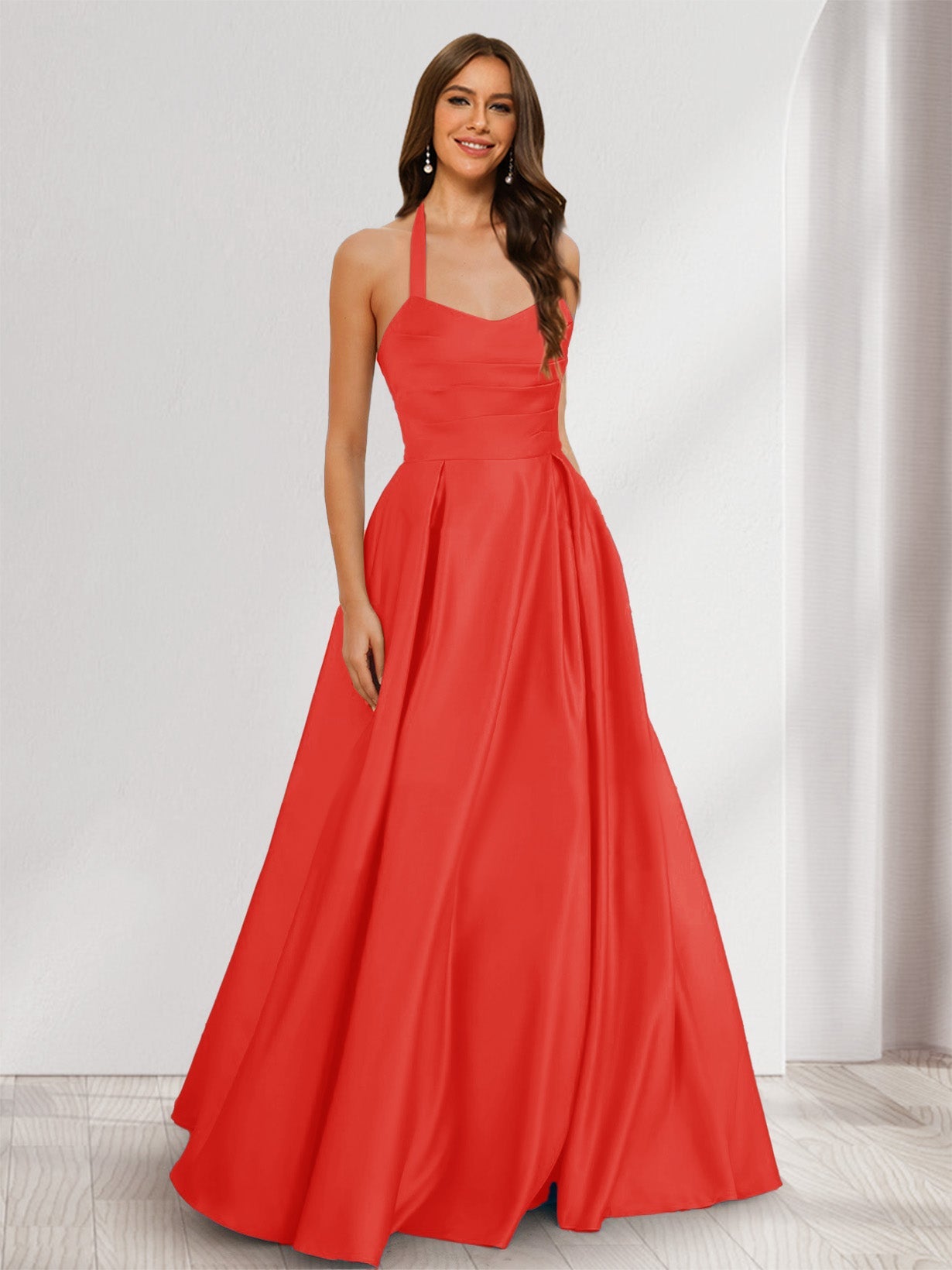A-Line/Princess Halter Sleeveless Ruched Bridesmaid Dresses Red