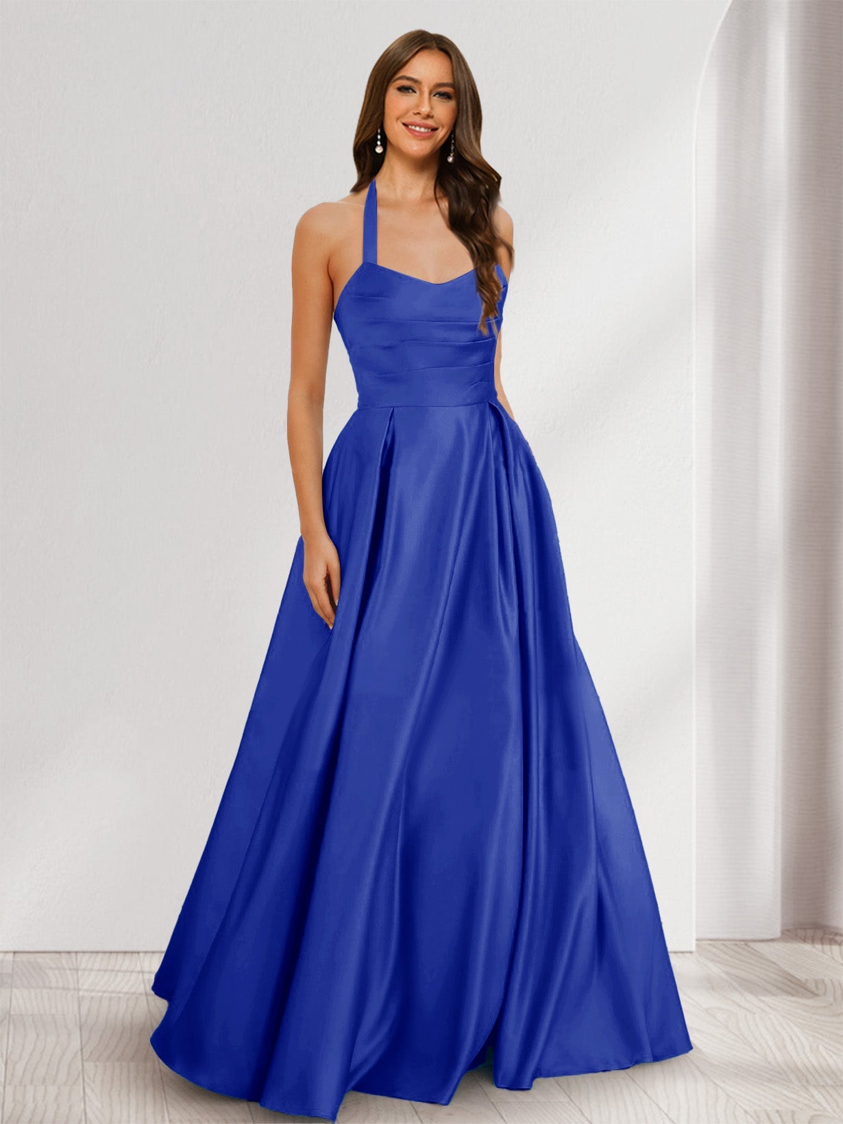 A-Line/Princess Halter Sleeveless Ruched Bridesmaid Dresses Royal Blue