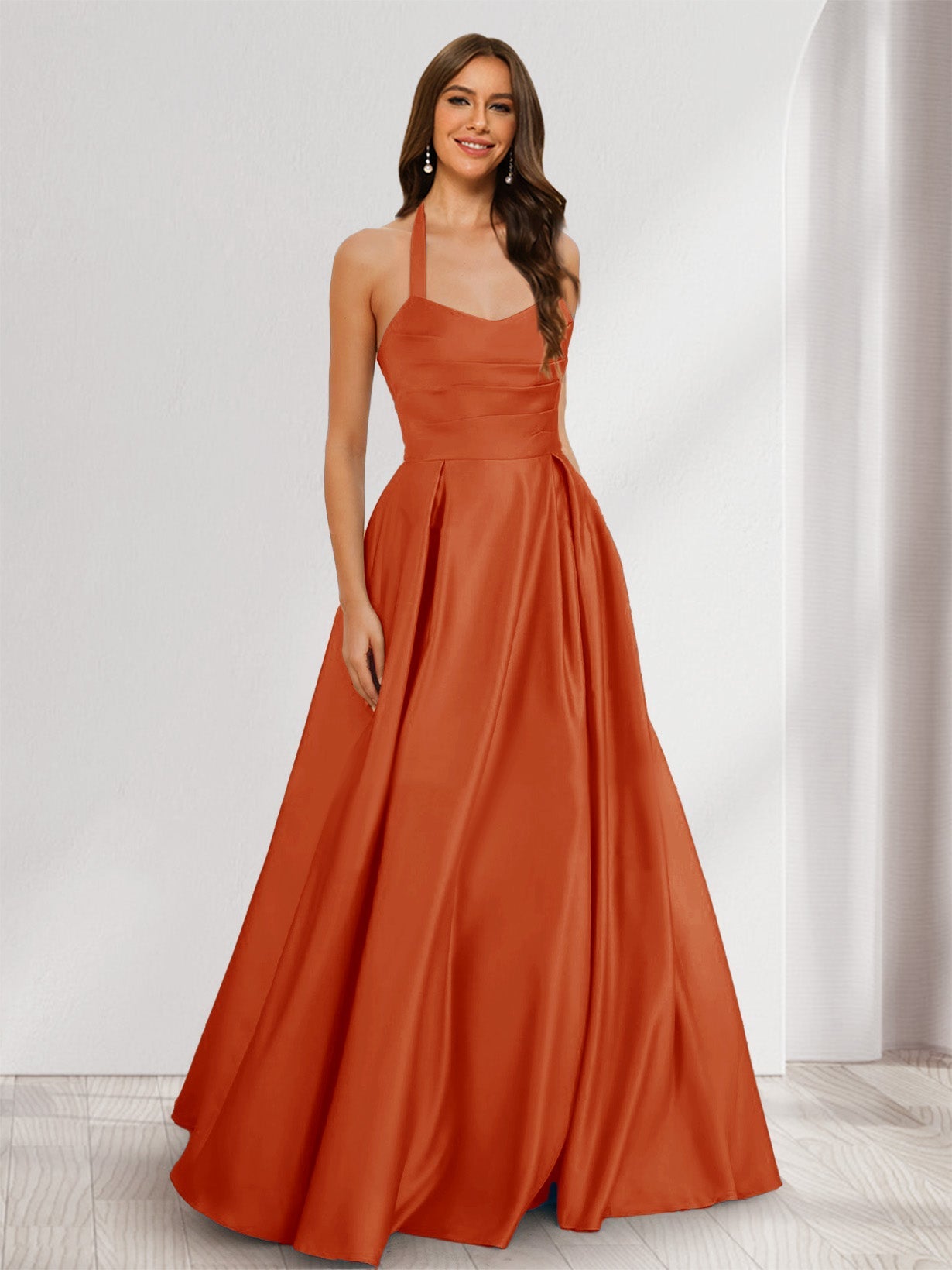 A-Line/Princess Halter Sleeveless Ruched Bridesmaid Dresses Rust