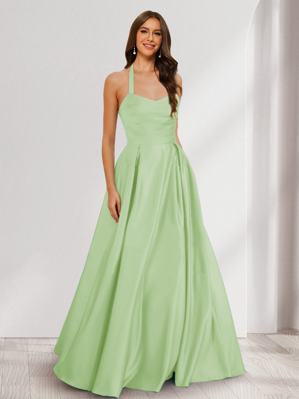 A-Line/Princess Halter Sleeveless Ruched Bridesmaid Dresses Sage