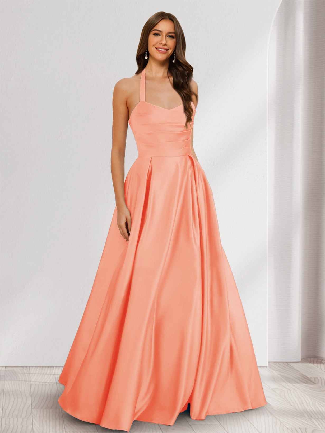A-Line/Princess Halter Sleeveless Ruched Bridesmaid Dresses Salmon