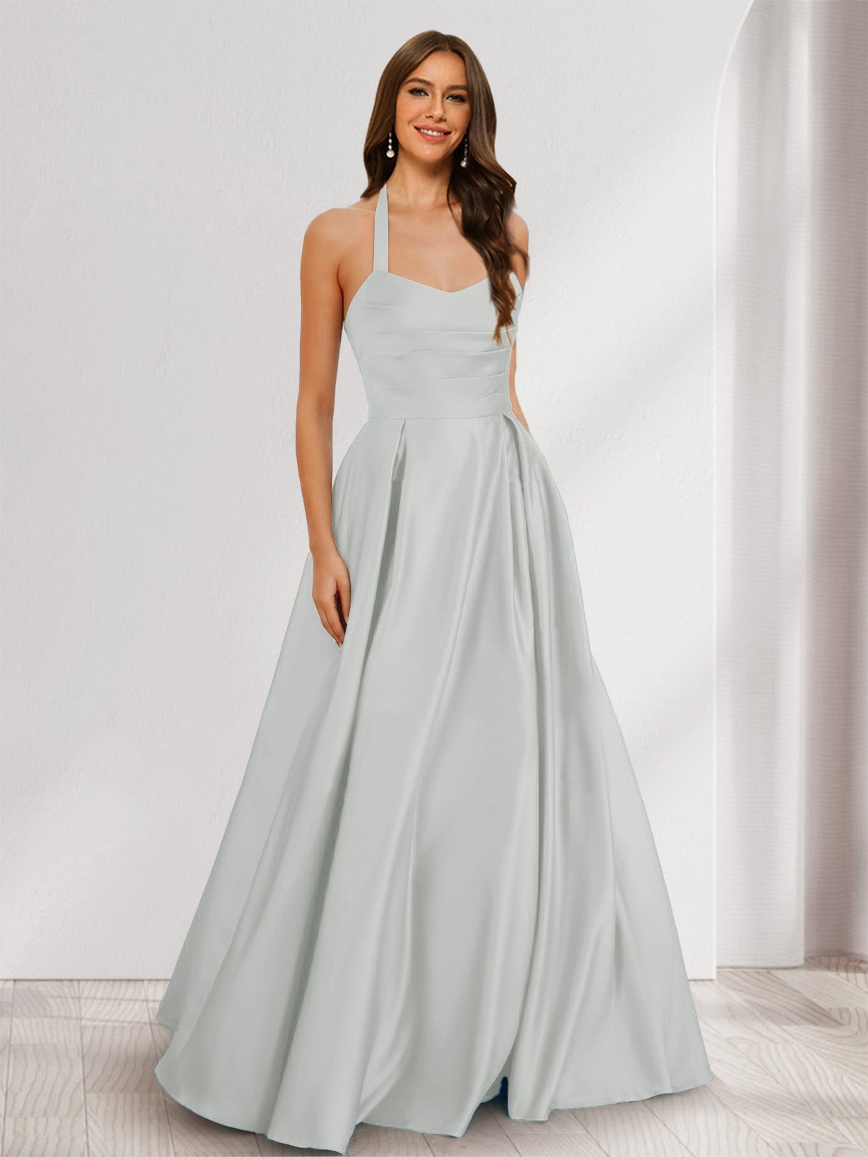 A-Line/Princess Halter Sleeveless Ruched Bridesmaid Dresses Silver