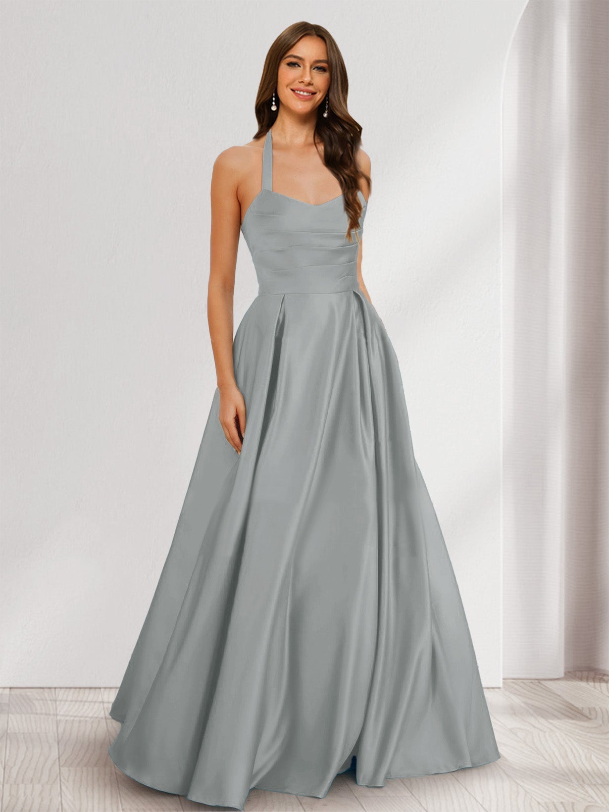 A-Line/Princess Halter Sleeveless Ruched Bridesmaid Dresses Silver Gray
